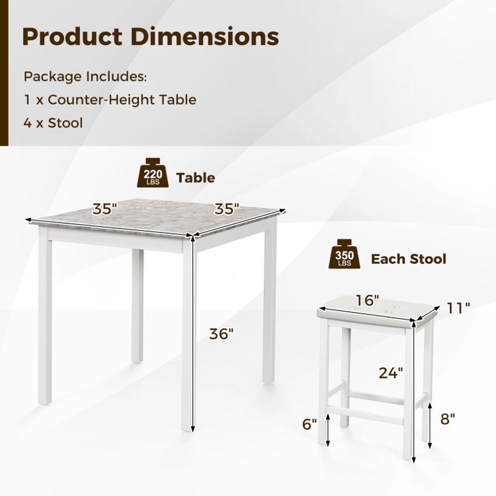 SUGIFT 5-Piece White Counter Height Table Set with 4 Padded Stools