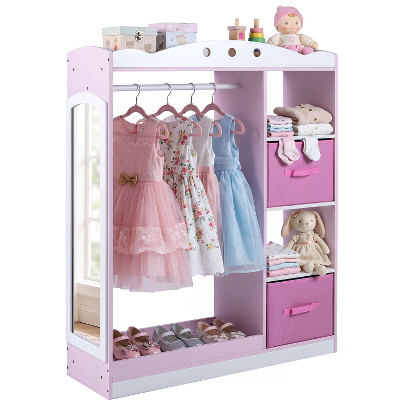 SUGIFT 44-in Pink Kids Dress Up Storage and Clothing Rack with Full Length Acrylic Mirror and 2 Fabric Drawers