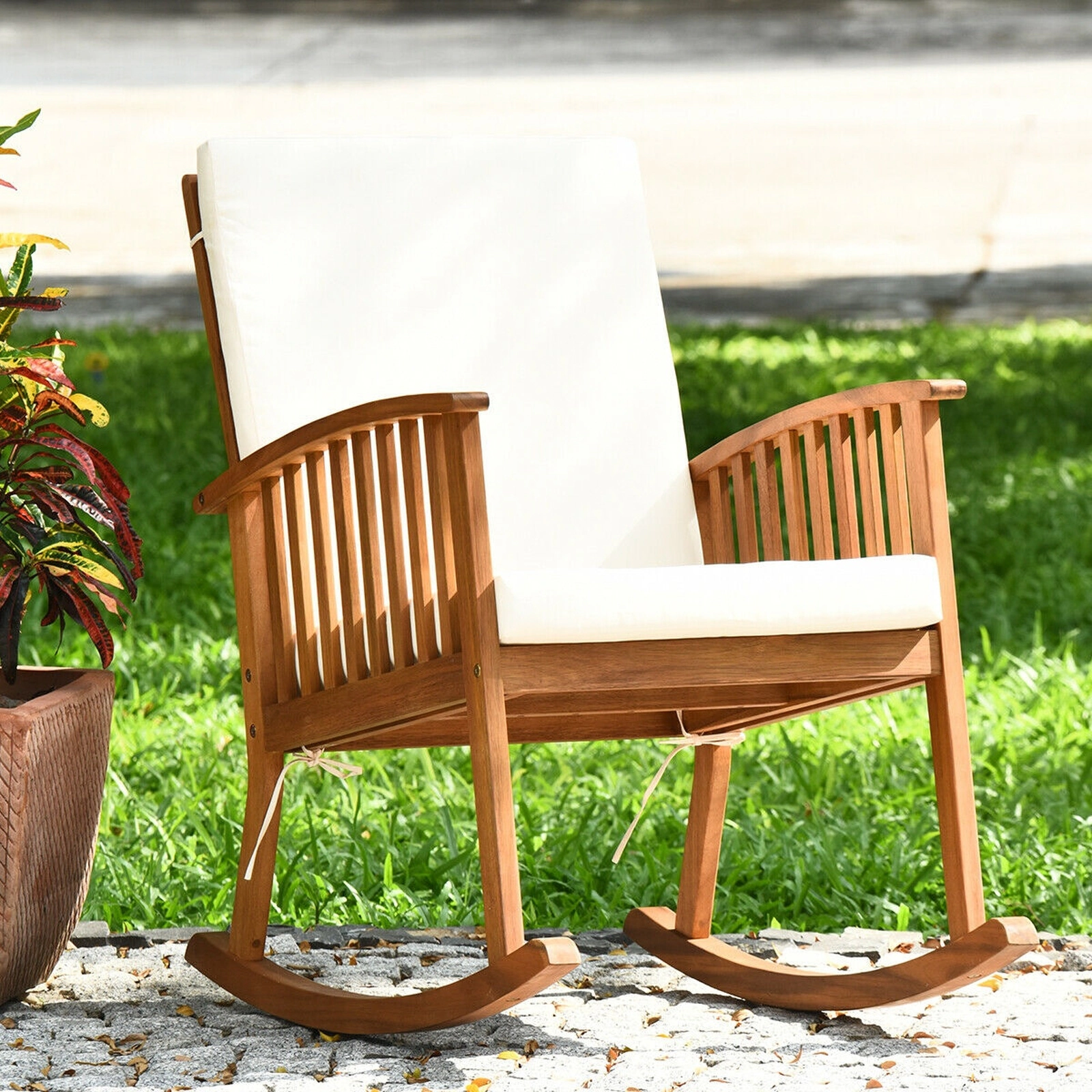 SUGIFT Acacia Wood Outdoor Rocking Chair, Teak Finish, Washable Cushions