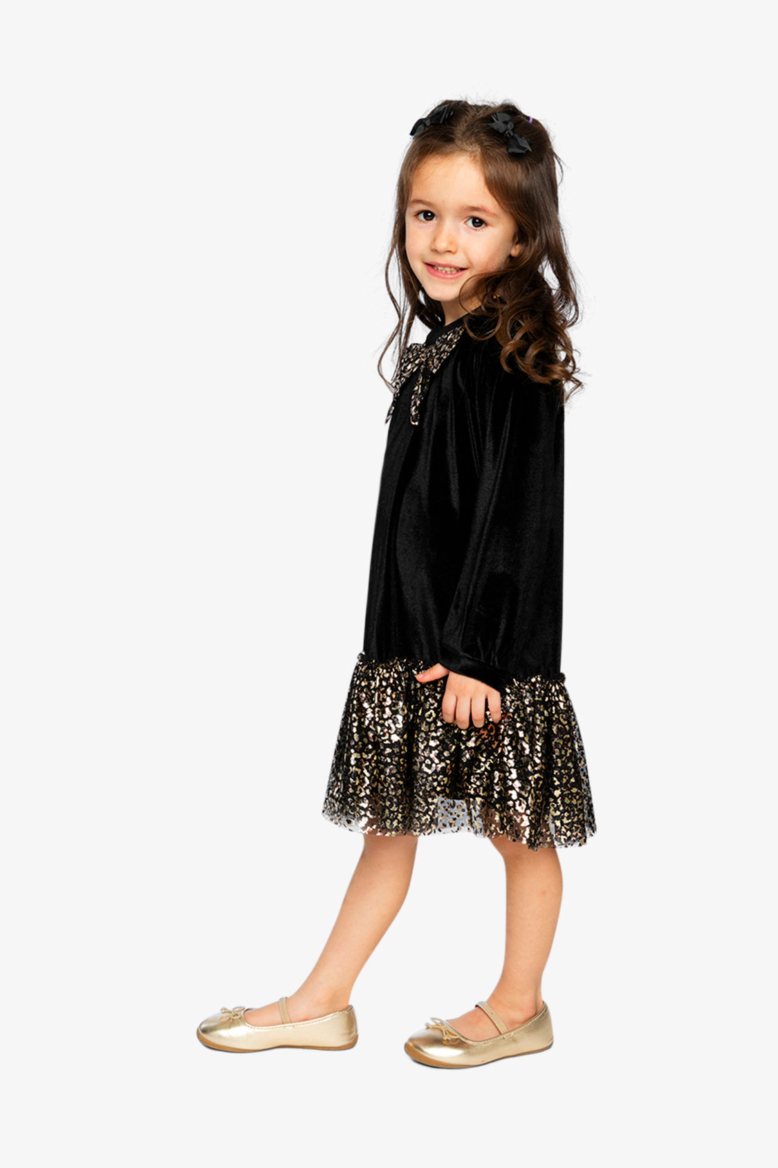 Deux par Deux Girls Bi-Material Raglan Long Sleeve Metallic Leopard Print Dress