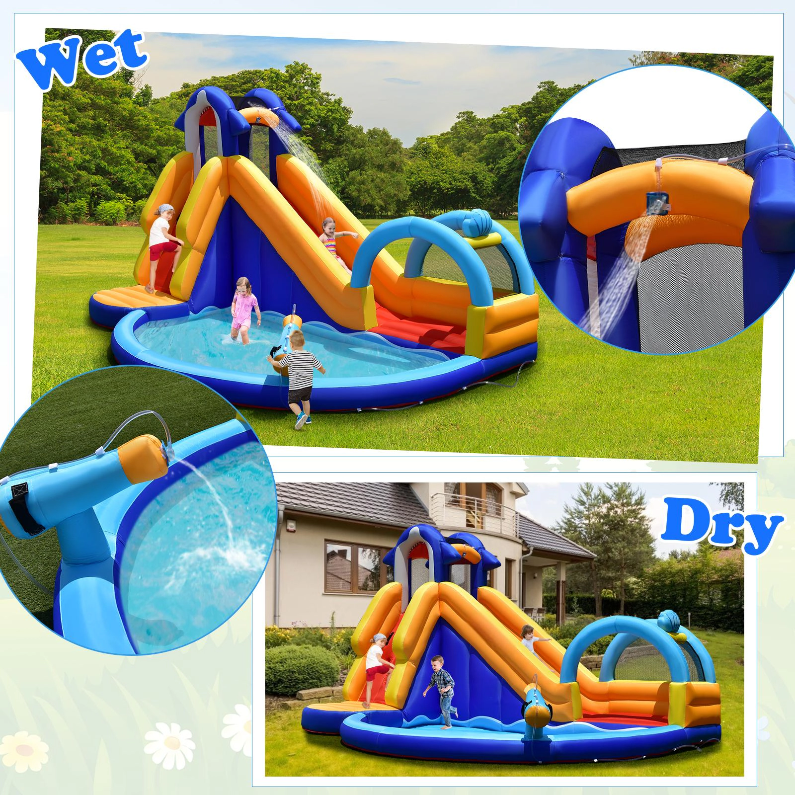 SUGIFT Blue 14-ft Inflatable Bouncy House with Water Slide Splash Pool and Mesh Safety Walls for Yard