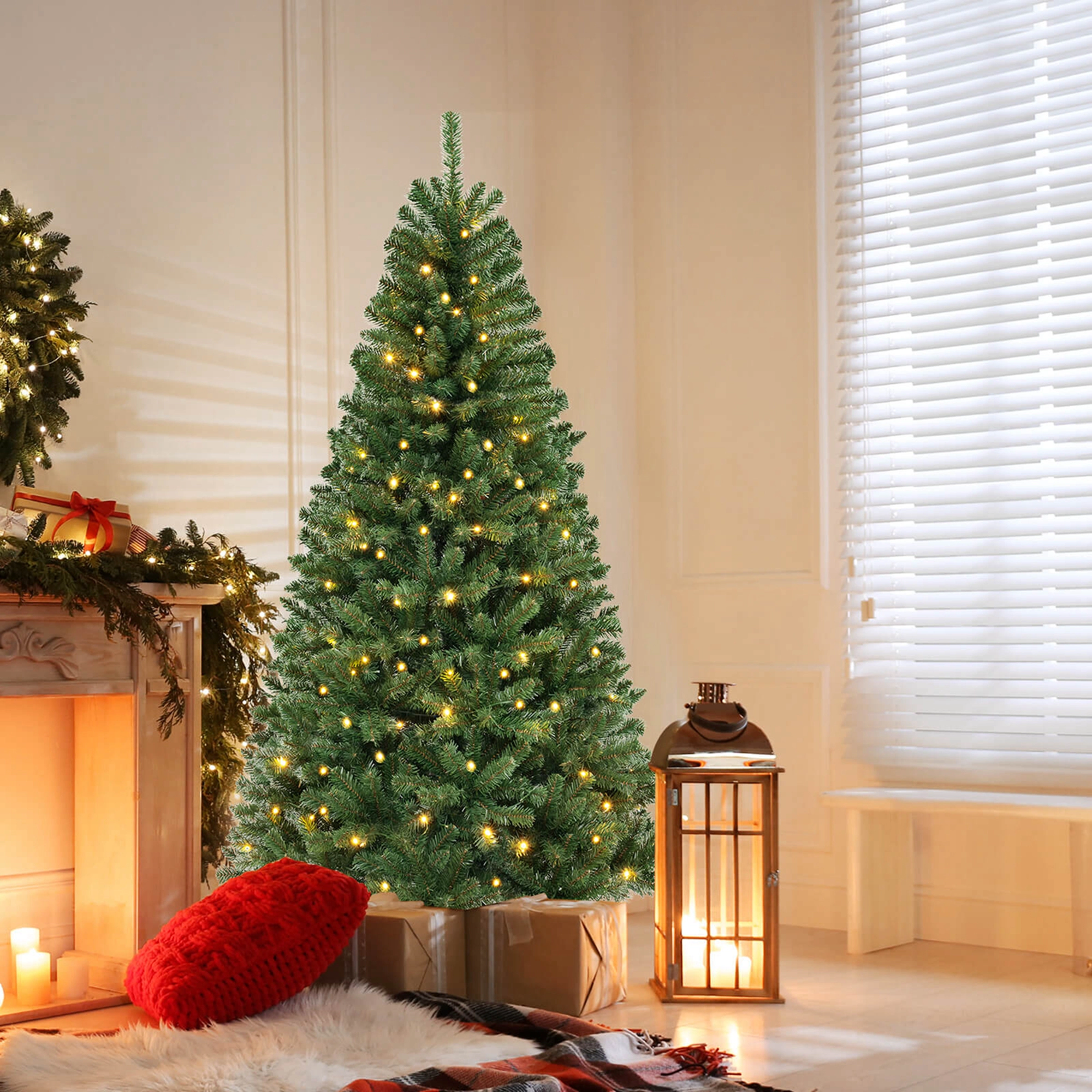 Costway 6/7/8 FT Christmas Tree with 568 PVC Branch Tips 200/250/400 Warm LED Lights Gloves