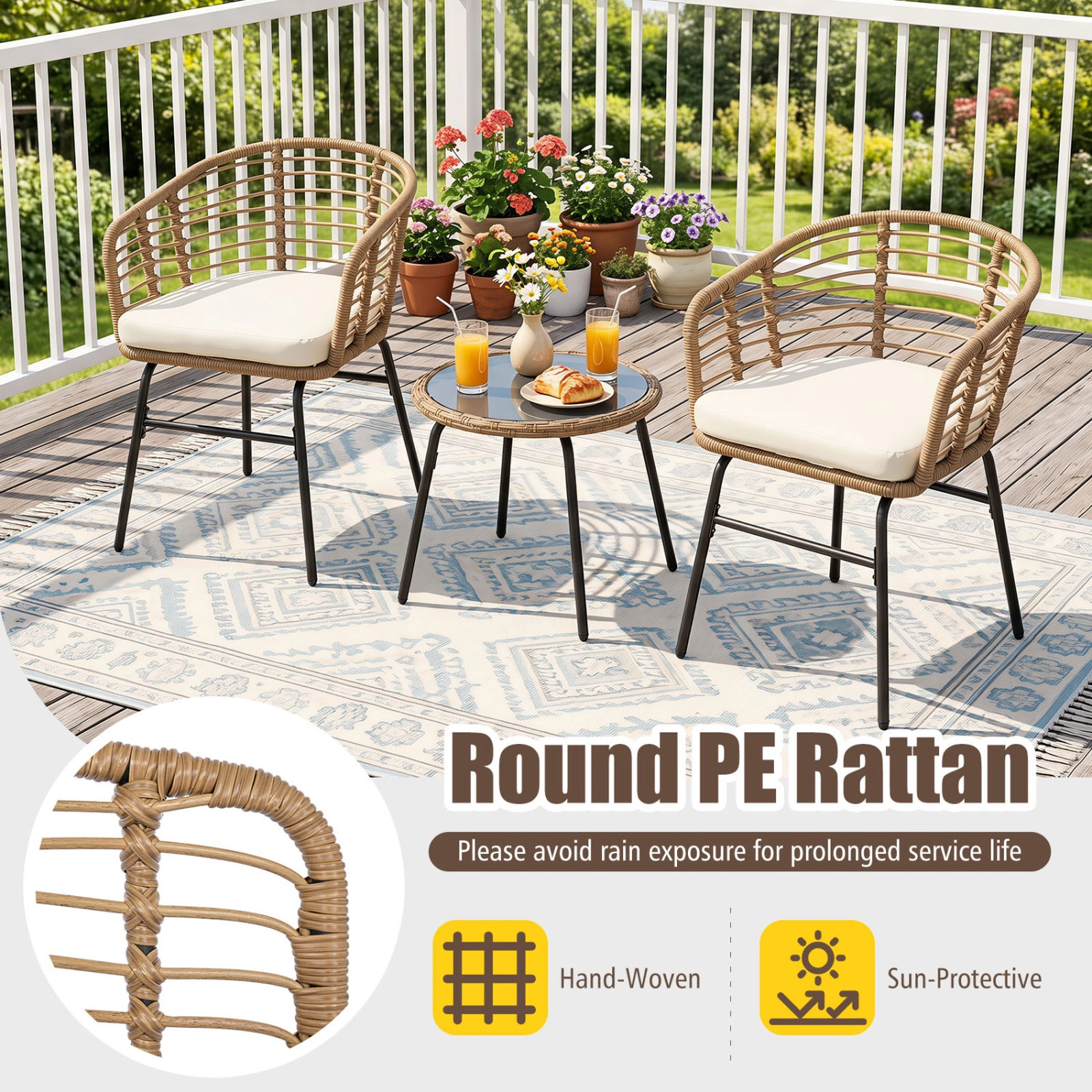 SUGIFT 3-Piece Natural Outdoor Wicker Bistro Set with Round Glass Table and Cushions