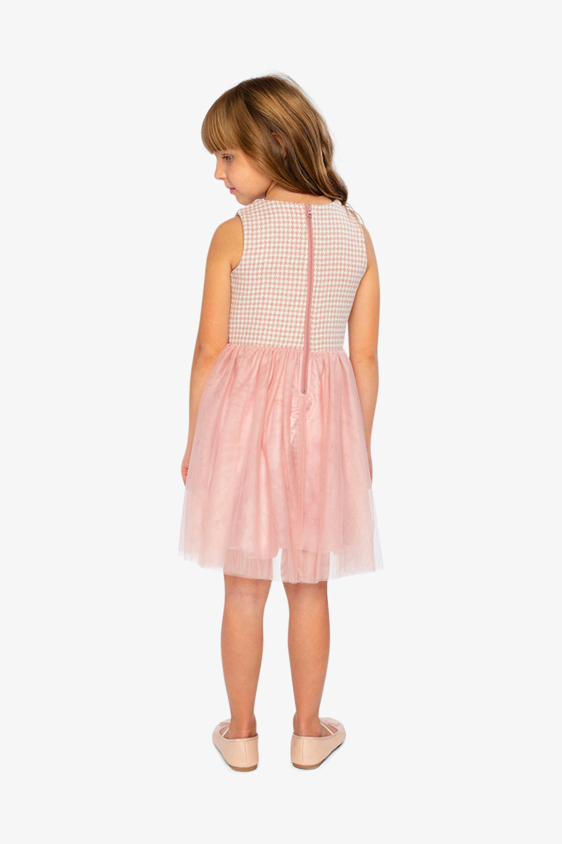 Deux par Girls Bi-Material Sleeveless Houndstooth Print Mesh Skirt Dress