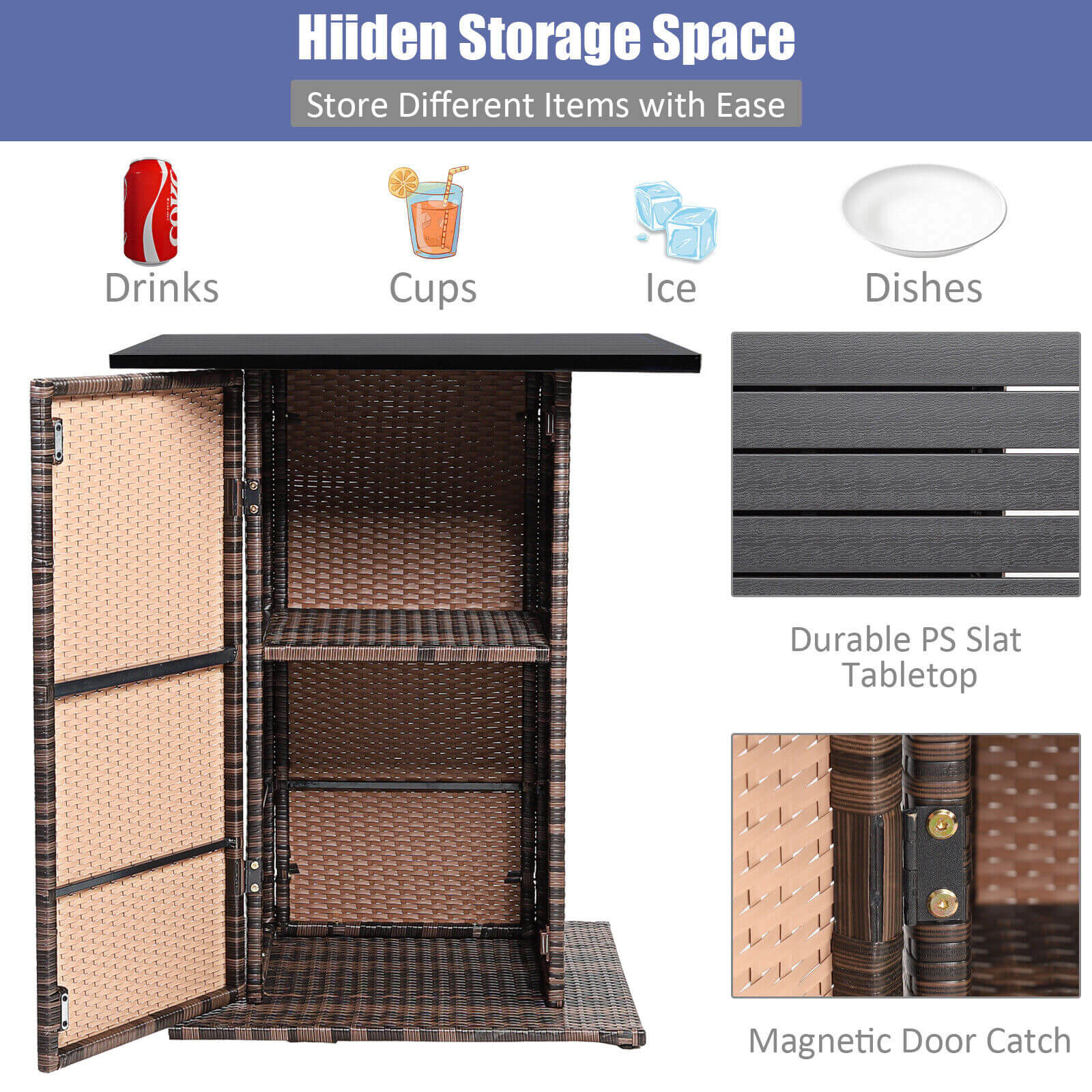 SUGIFT Hidden Storage Shelf and 4 Cushioned Stools 5-Piece Patio Rattan Bar Set