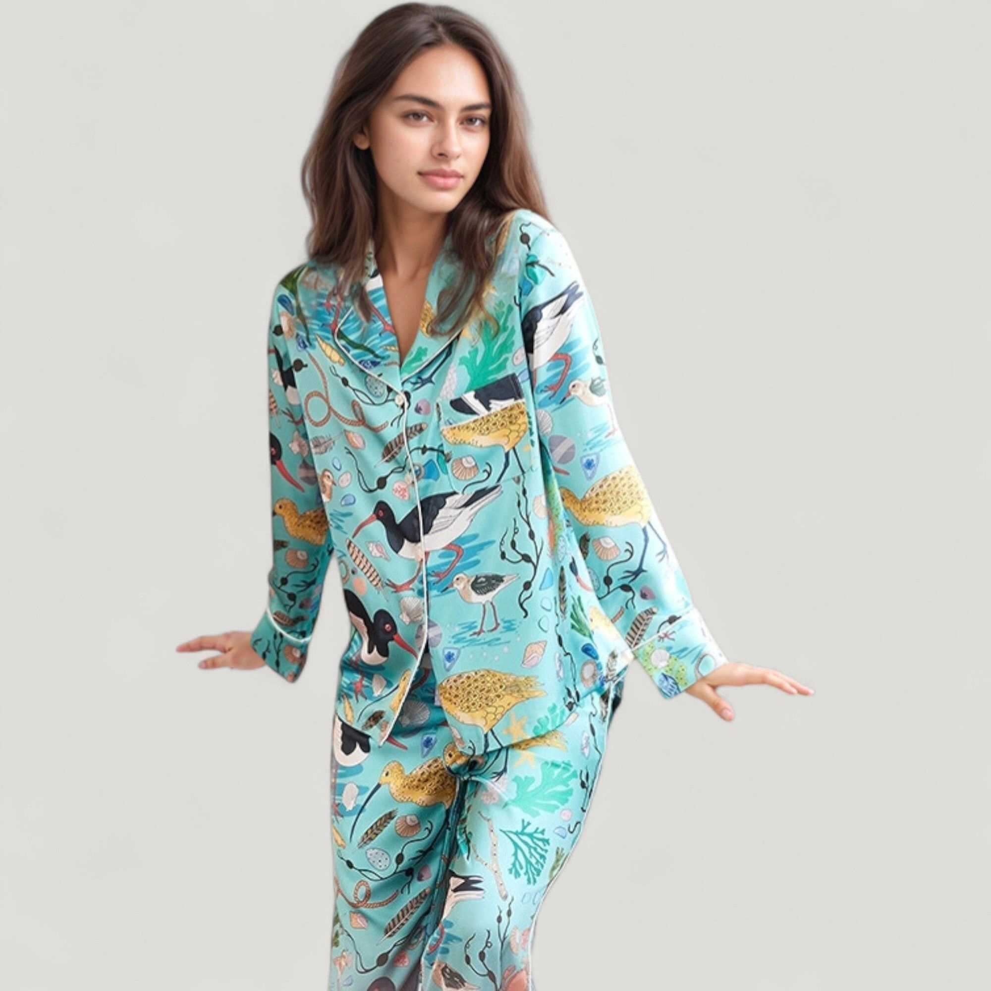 Anna-Kaci Women's Tropical Bird Print Pajama Set Long Sleeve Notch Collar Button Down Top and Relaxed Silky Woven Pants