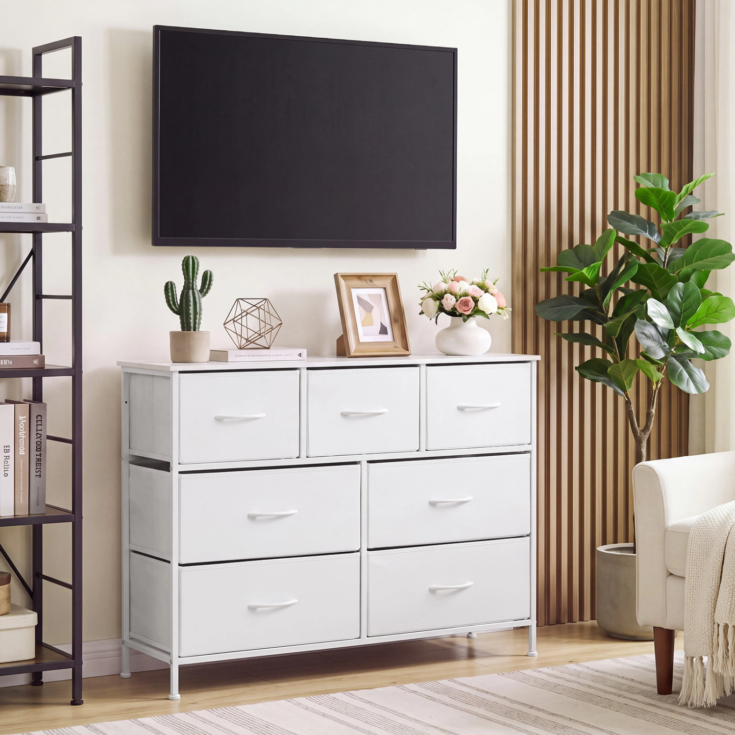 LJG 7-Drawer Wide Dresser with 2-Sized Folding Fabric Drawers for Bedroom