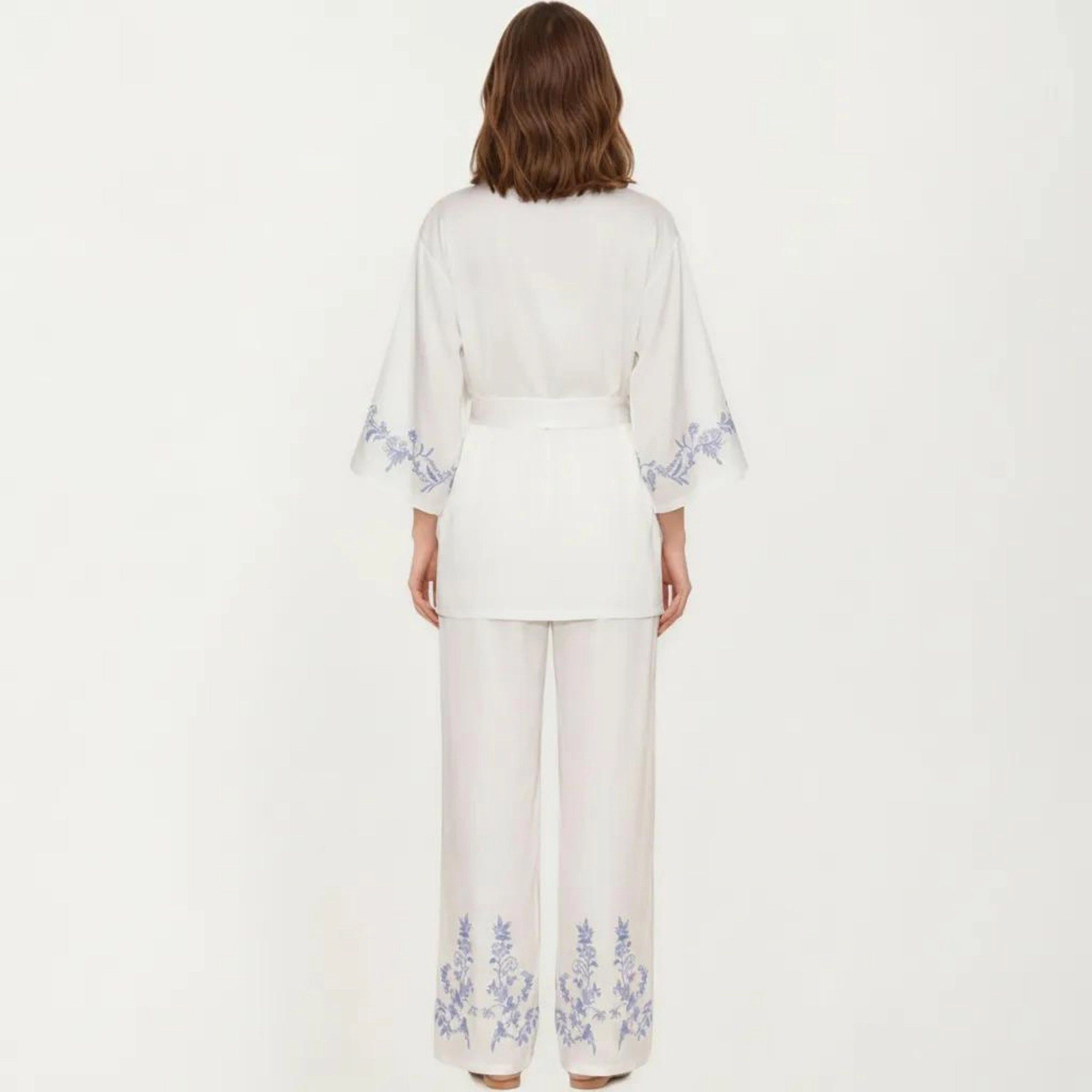 Anna-Kaci Women's 3-Piece Pajama Set with Wrap Tie Robe Long Sleeve Top and Wide Leg Pants Lightweight Relaxed Sleepwear