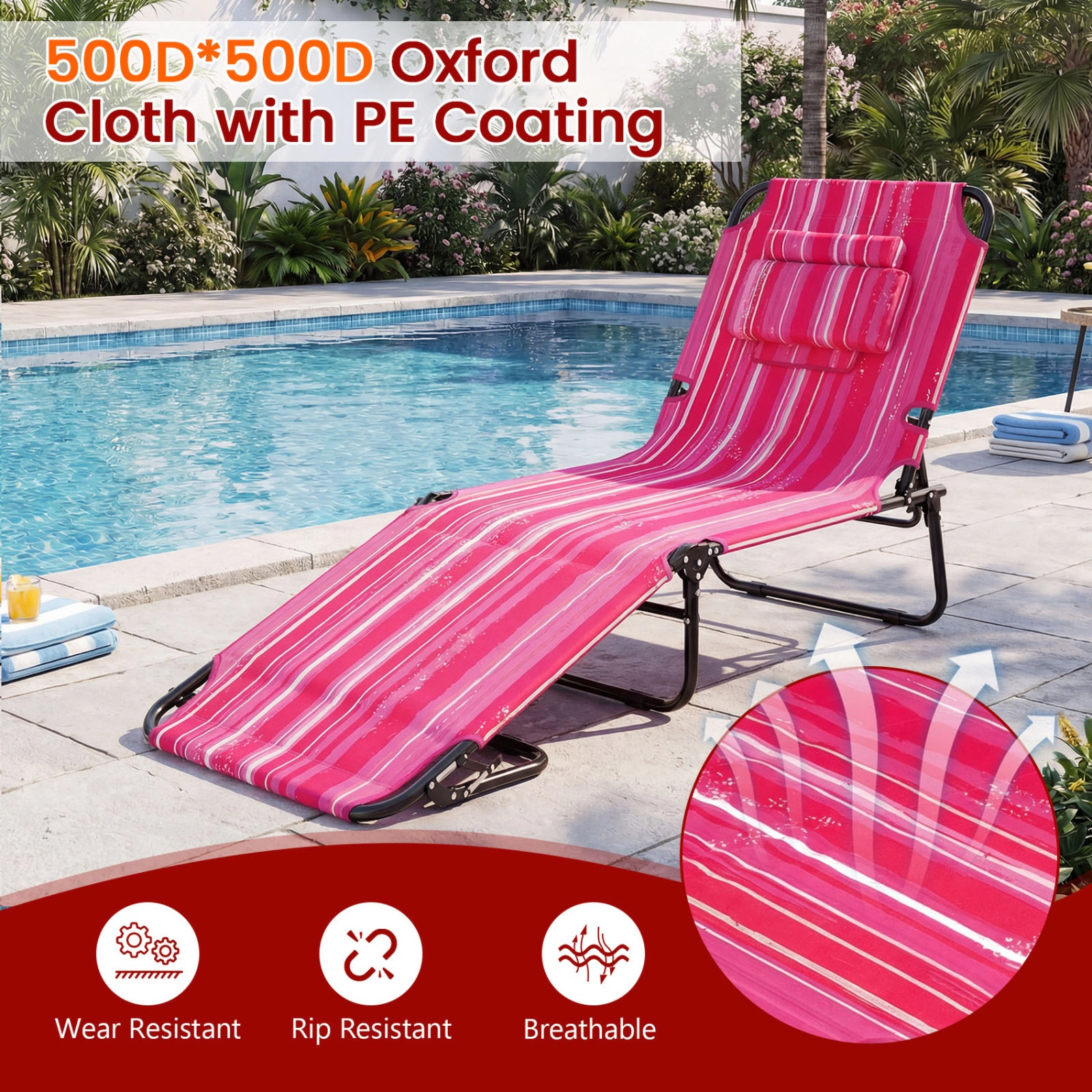 SUGIFT Folding Face Down Tanning Chair Face Hole & 3 Removable Pillows 330-lb Capacity Adjustable Backrest Pink Stripe