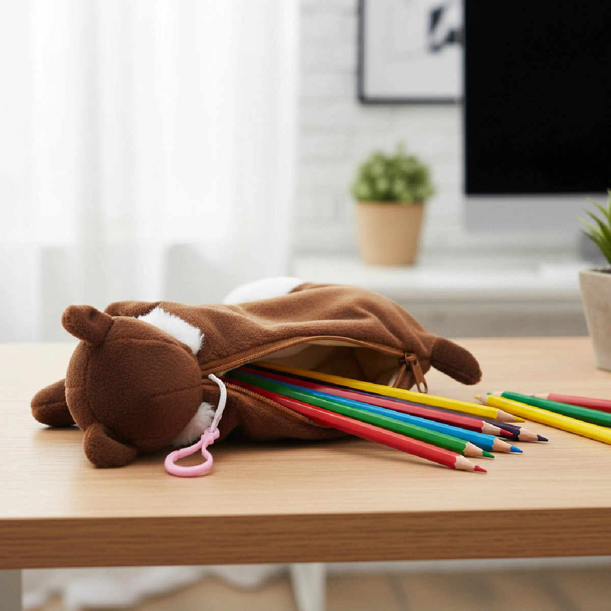 Wrapables Plush Dog Shaped Pencil Pouch, Brown and White