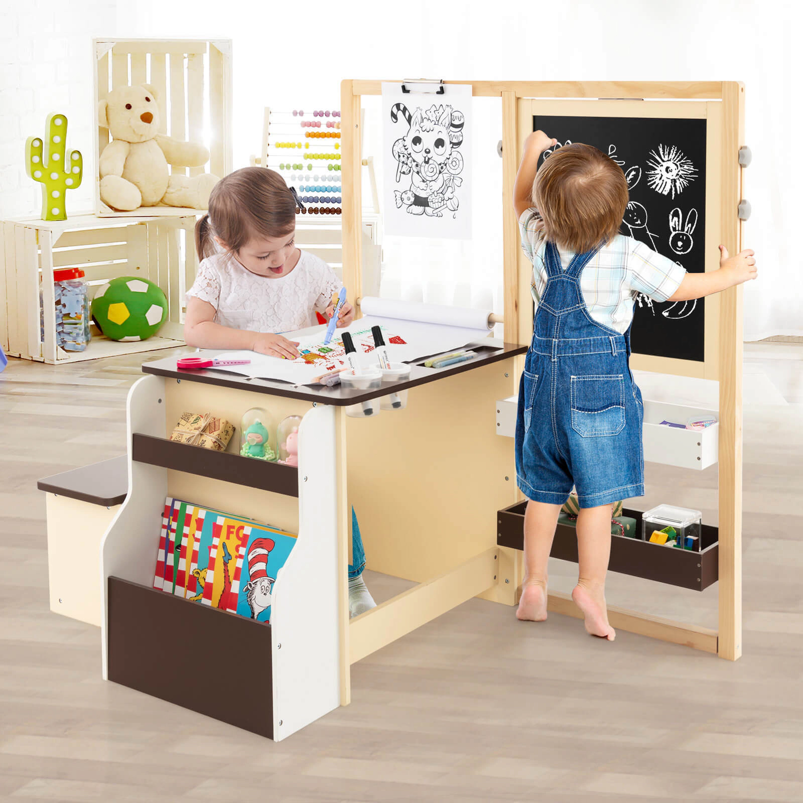 SUGIFT Kids Art Center Wooden Table Bench Set with 110-lb Tabletop and Bench Capacity Ages 3+ 45-in Tall Brown/Gray/Pink