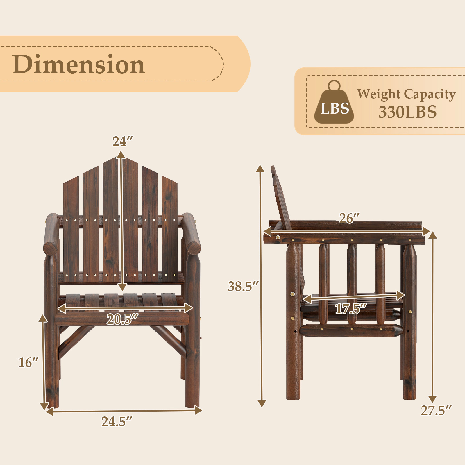 SUGIFT Outdoor Pine & Fir Wood Patio Dining Armchair 330-Lb Capacity 26-in Wide High Back Armrests Brown/Natural 1-Piece