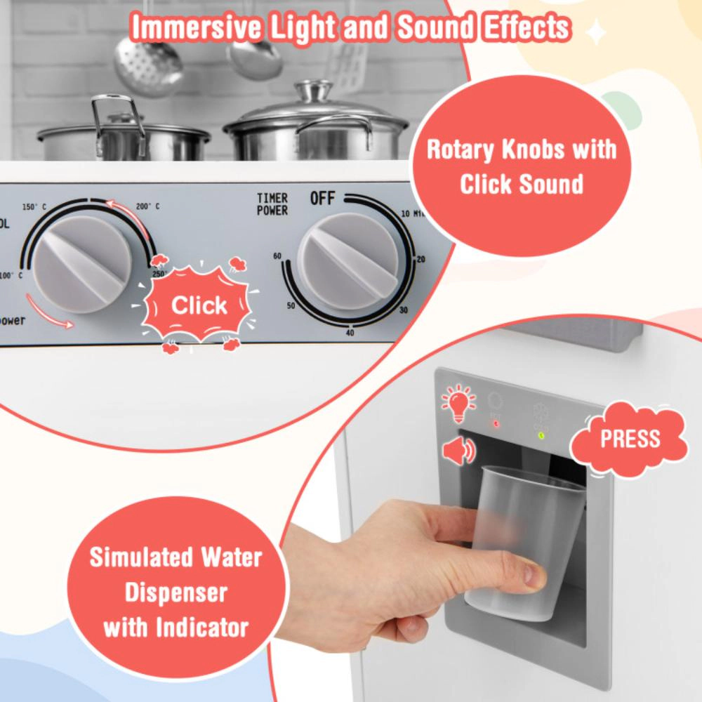 Hivvago Pretend Play Kitchen Wooden Toy Set Kitchen Accessory Playset With Real Lights Sounds-White