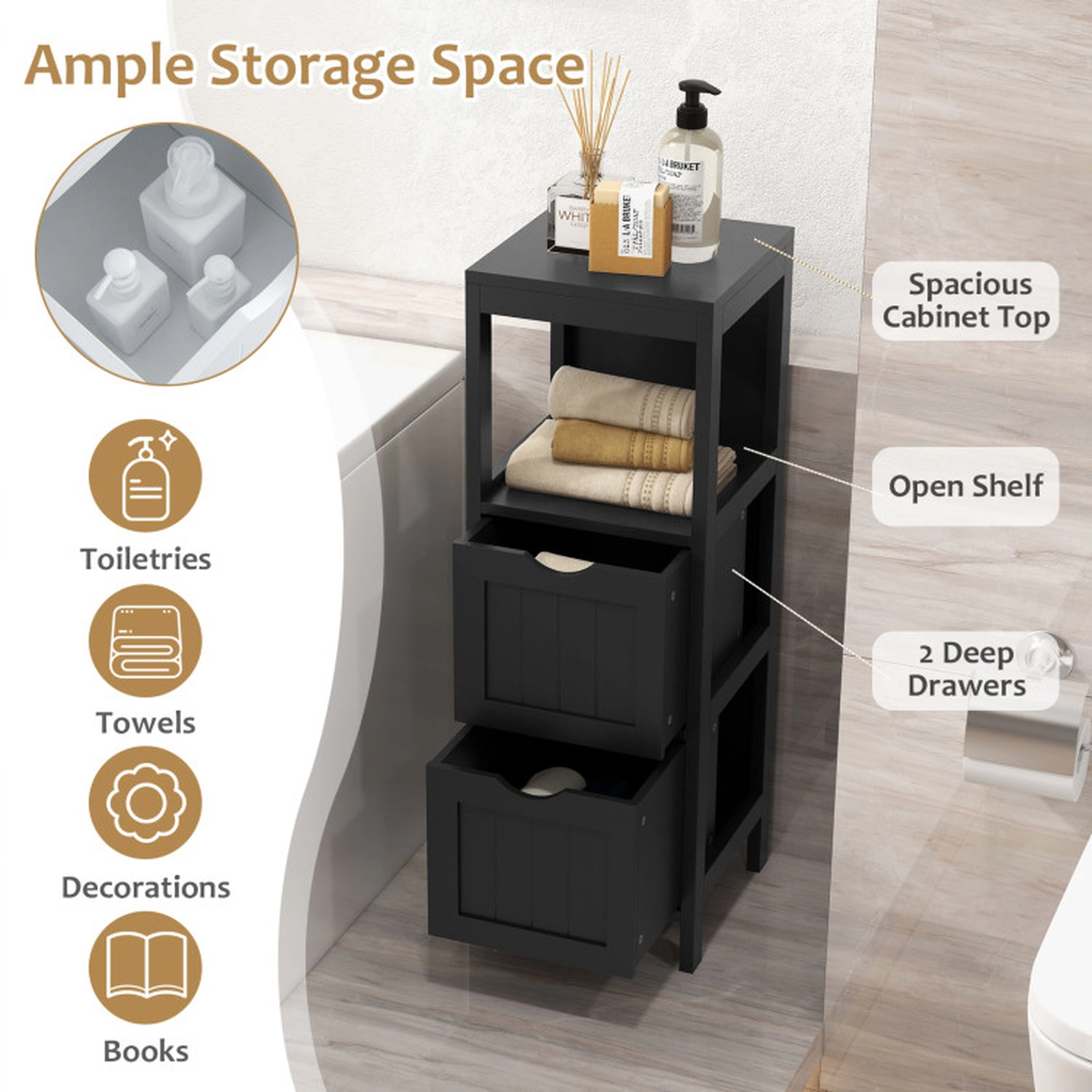 SUGIFT 4-Tier Storage Cabinet with 2 Removable Drawers 22-lb Top and Bottom Capacity Bathroom White/Gray/Brown