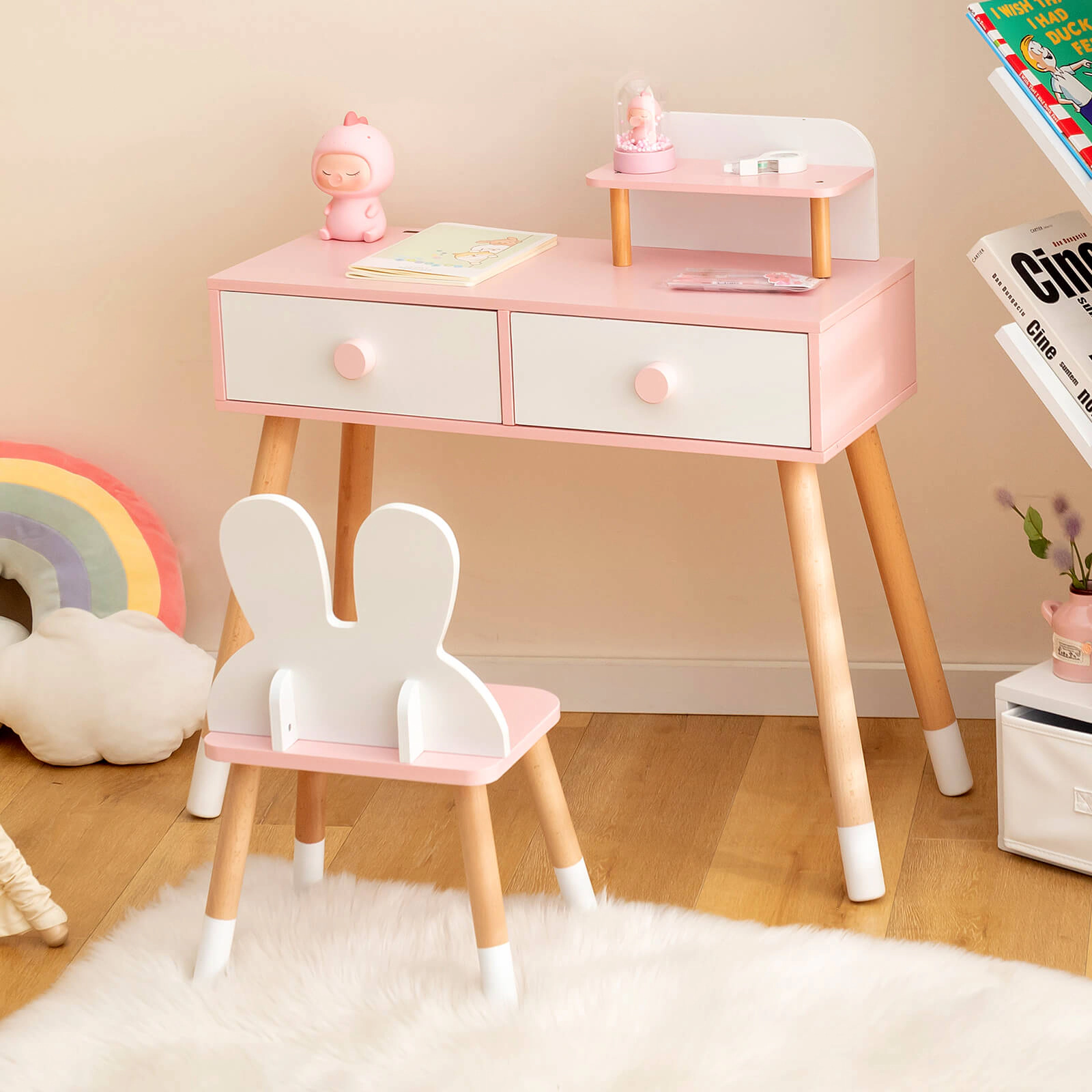 SUGIFT Kids Vanity Set with Rabbit Mirror, Storage Shelf and Backrest Chair