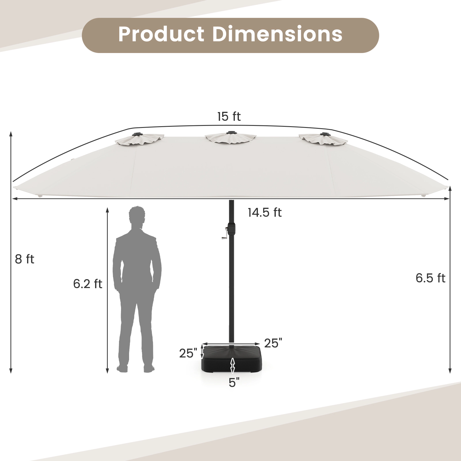 SUGIFT 15-ft Beige Double-Sided Rectangular Patio Umbrella with Cross Stand and Sandbags