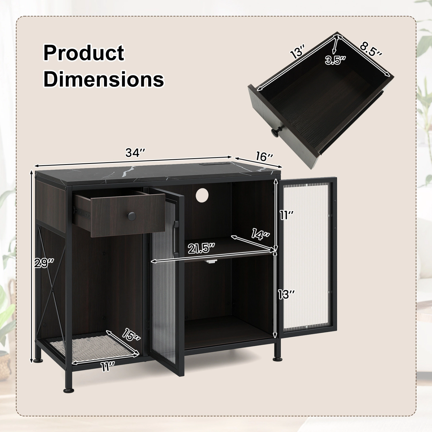 Glintex 34-Inch Buffet Sideboard with LED Lights and Built-In Power Strip