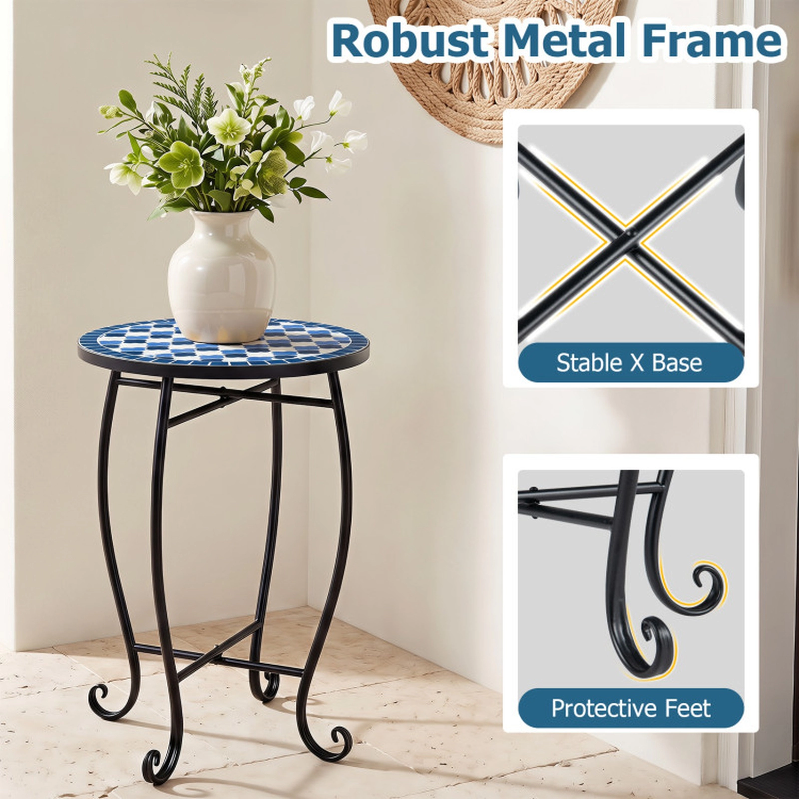 SUGIFT 14-Inch Round Mosaic Outdoor Side Table, Metal Plant Stand with X Base