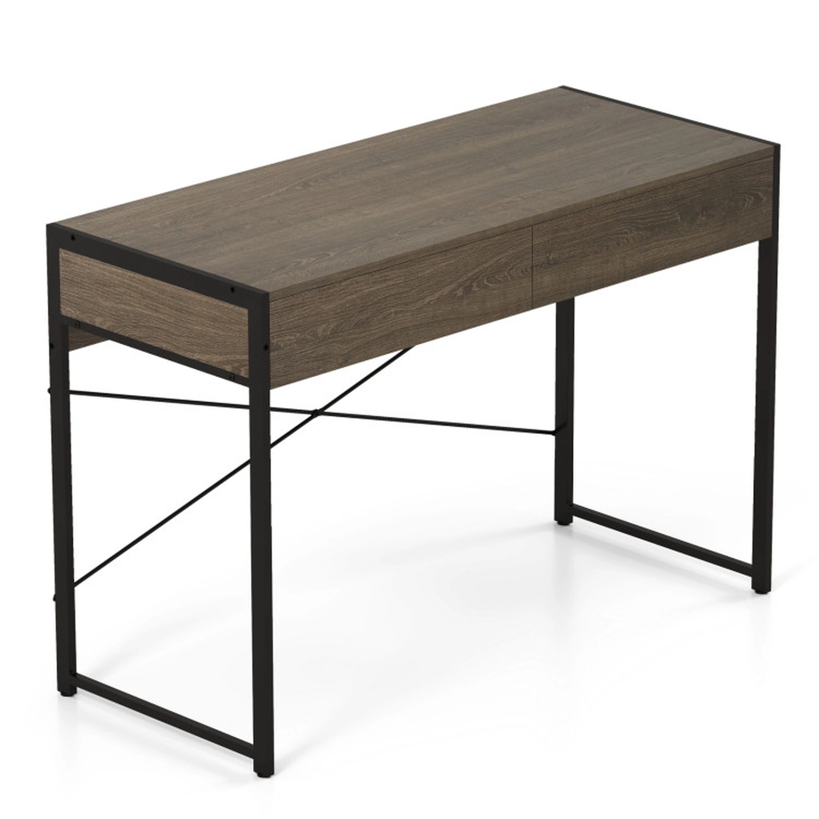SUGIFT 44-Inch Oak Computer Desk with 2 Drawers, Metal Frame and Anti-Tipping Kit