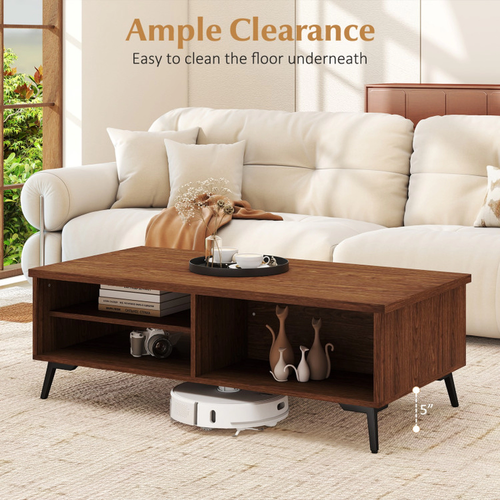 SUGIFT 47-in 176-lb Capacity 2-Tier Mid Century Modern Walnut Coffee Table with Metal Legs and Side Compartments