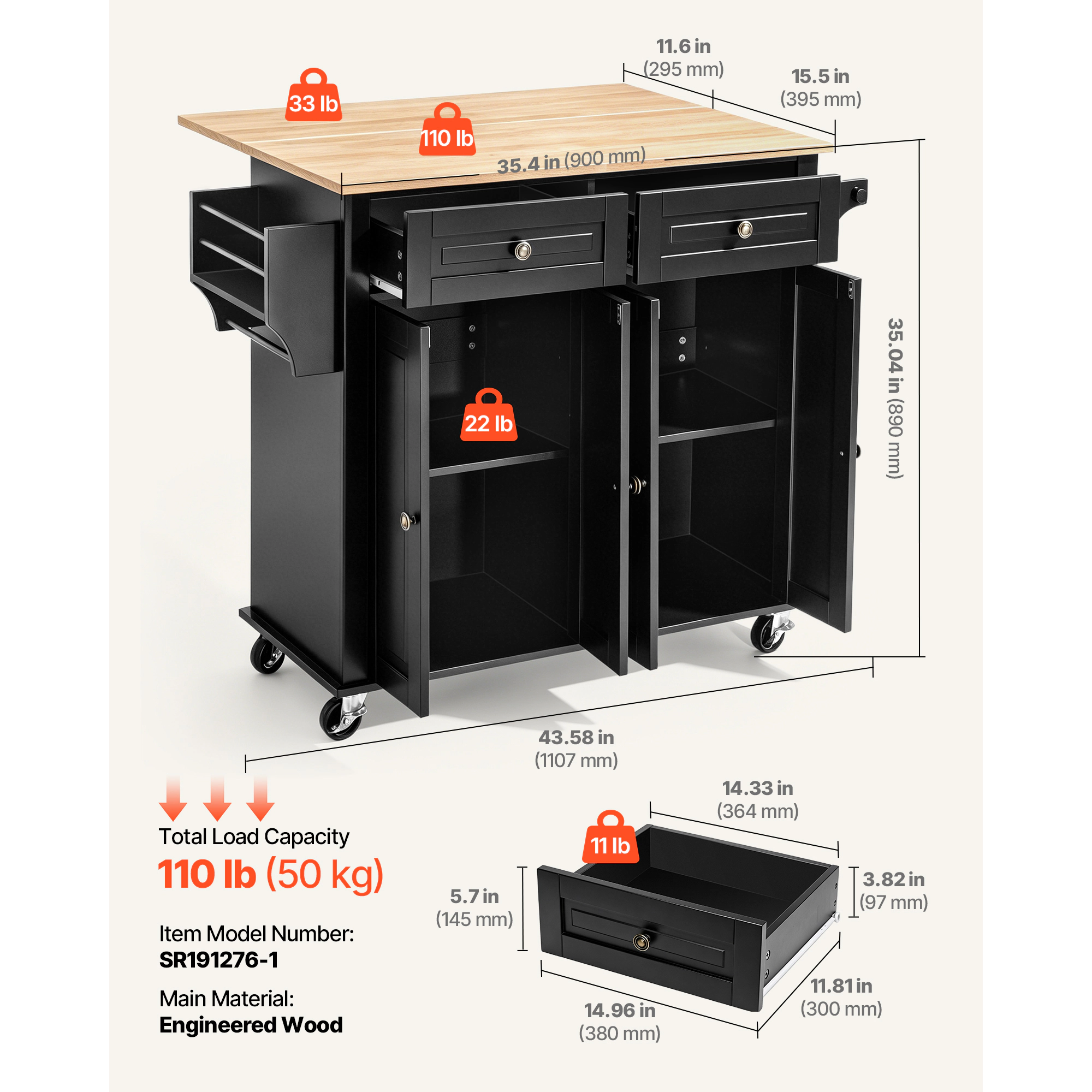 HONGGE Kitchen Island Cart with Storage 43.58 Wide Mobile Rolling on Swivel Wheels 2 Drawers
