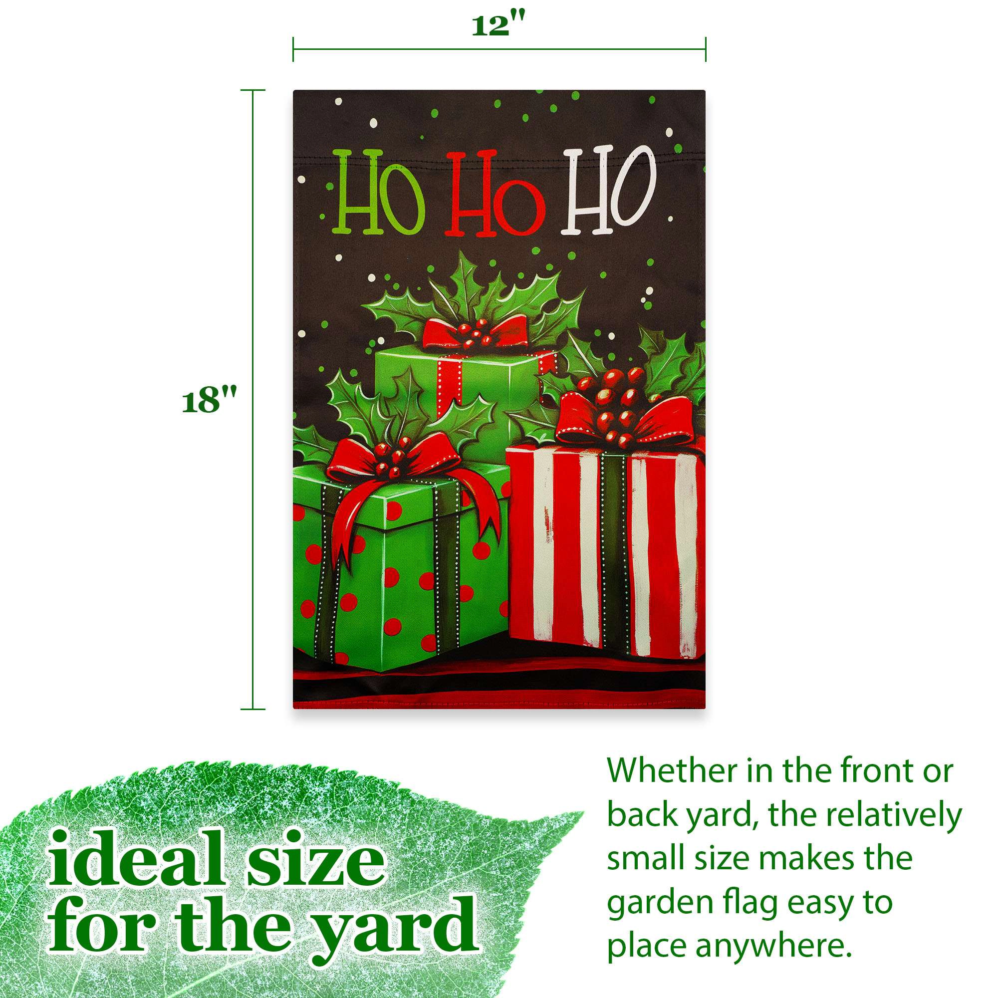 G128 Ho Ho Ho Christmas Gift Box Garden Flag 12x18 inch, Double-Sided Blockout Polyester