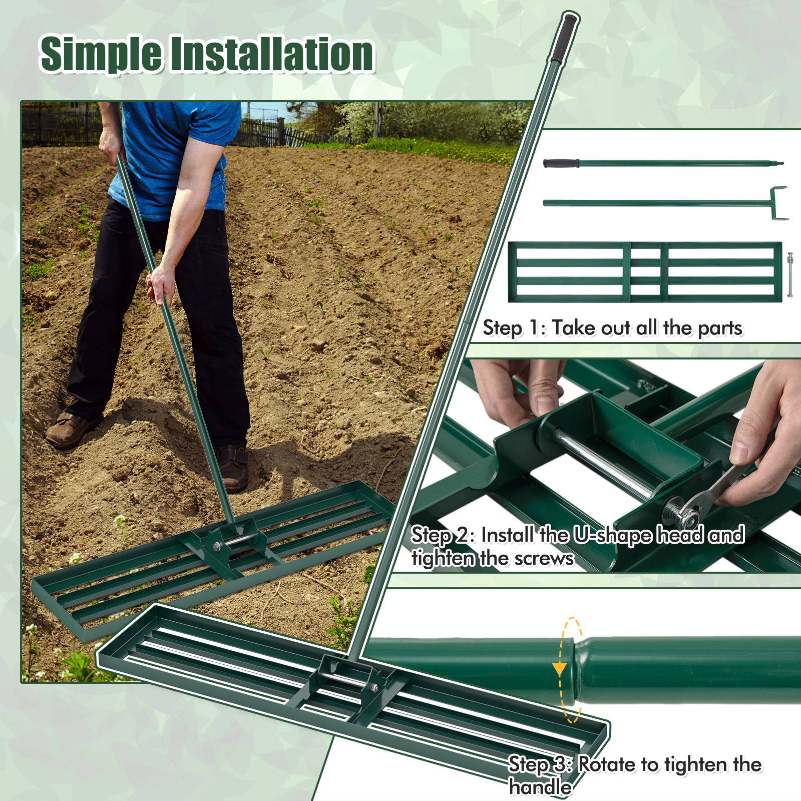 SUGIFT Green 46-in x 10-in Lawn Leveling Rake with 67-in Non-Slip Handle and Rotating Head for Golf Turf