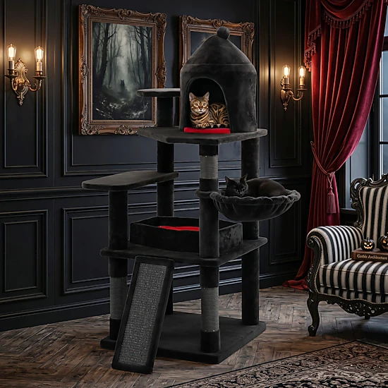 LJG 50 Inch Gothic Multi-Level Cat Tree with House for Indoor Cats ...