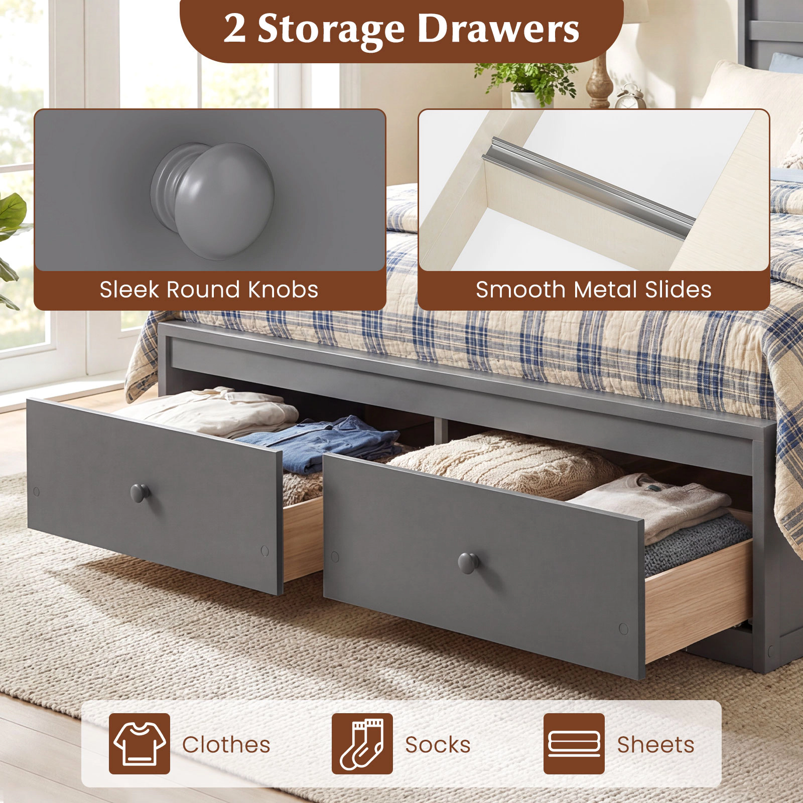 LJG Full Wooden Platform Bed Frame with Storage Drawers