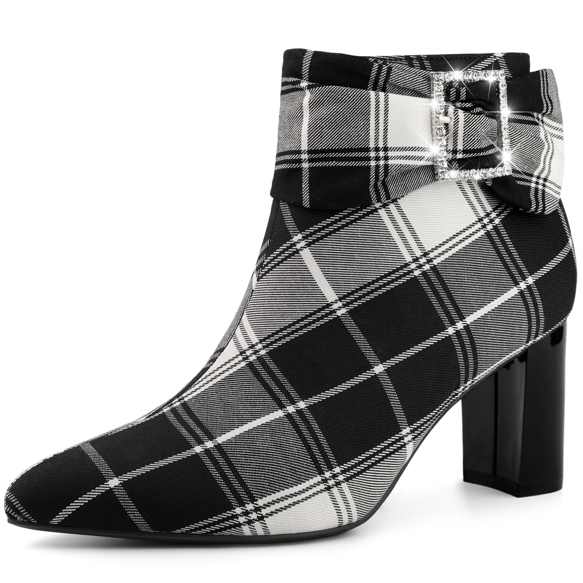 BLISSFUL STEP Women's Pointy Toe Rhinestone Bow Plaid Chunky Heel Ankle Boots