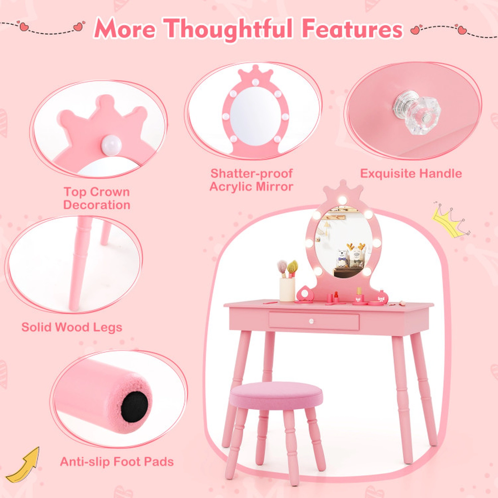 SUGIFT Pink Lighted Mirror Adjustable Brightness Large Drawer and Padded Stool Kids Vanity Set
