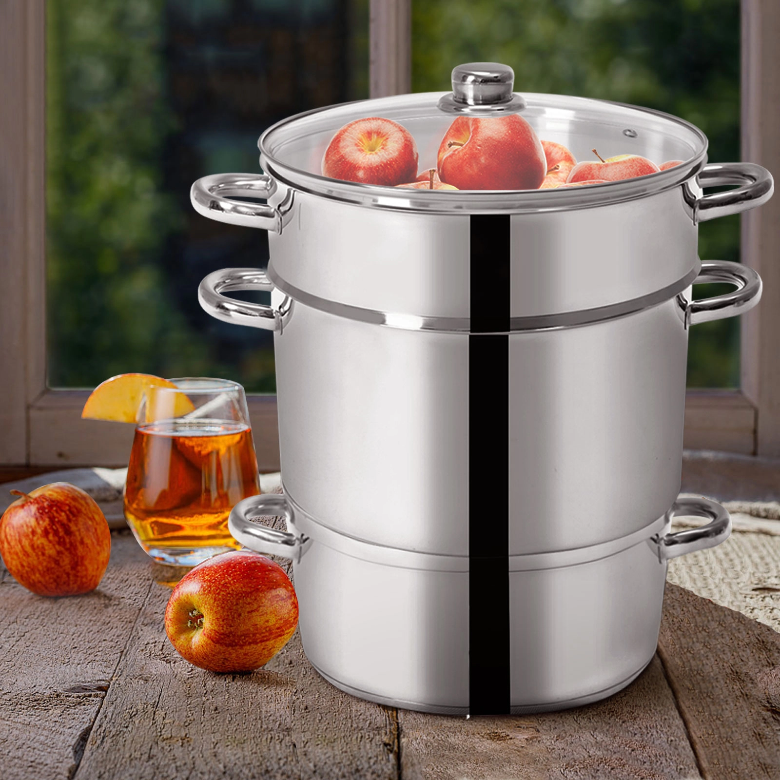 SUGIFT 11-Quart Fruit Juicer Steamer Pan with 3 Steam Pots and Glass Lid for Gas Electric and Induction Cook Tops