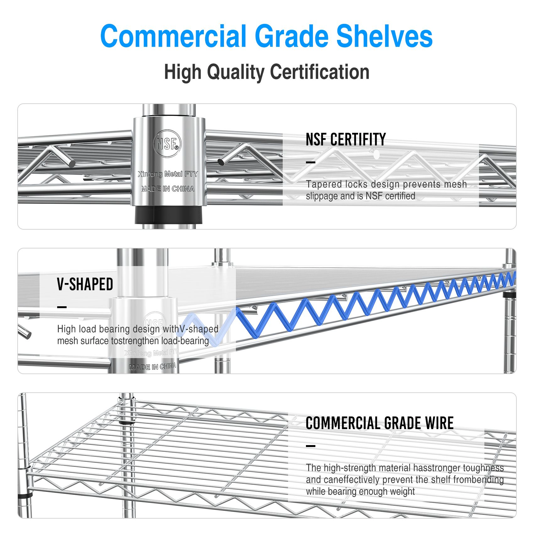 Flynama 3 Tier Wire Shelving 1050 LBS NSF Height Adjustable Heavy Duty Metal Garage Rack in Chrome