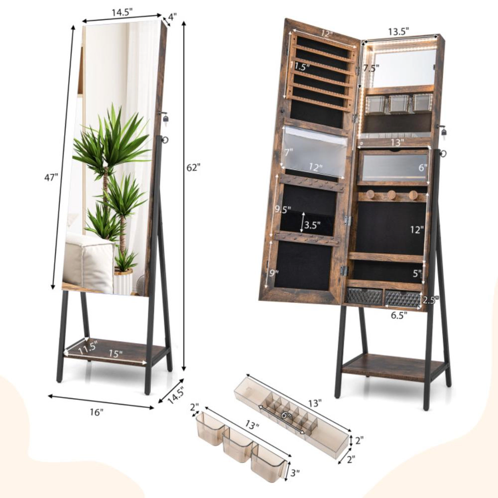 Hivvago Freestanding Jewelry Cabinet with Full-Length Mirror-Rustic Brown