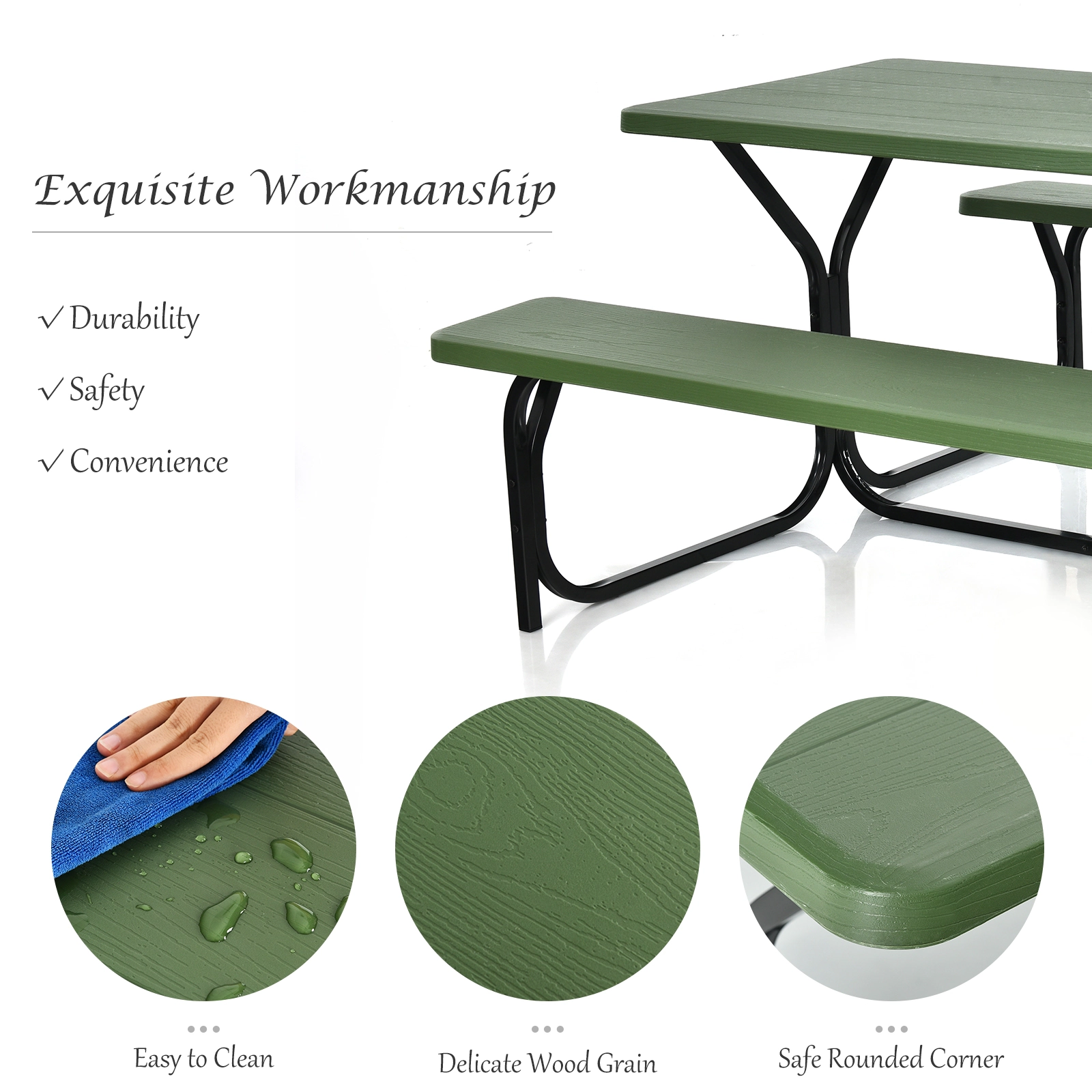 SUGIFT HDPE Outdoor Picnic Dining Bench Set with Metal Frame 330-lb Table 440-lb Benches Green