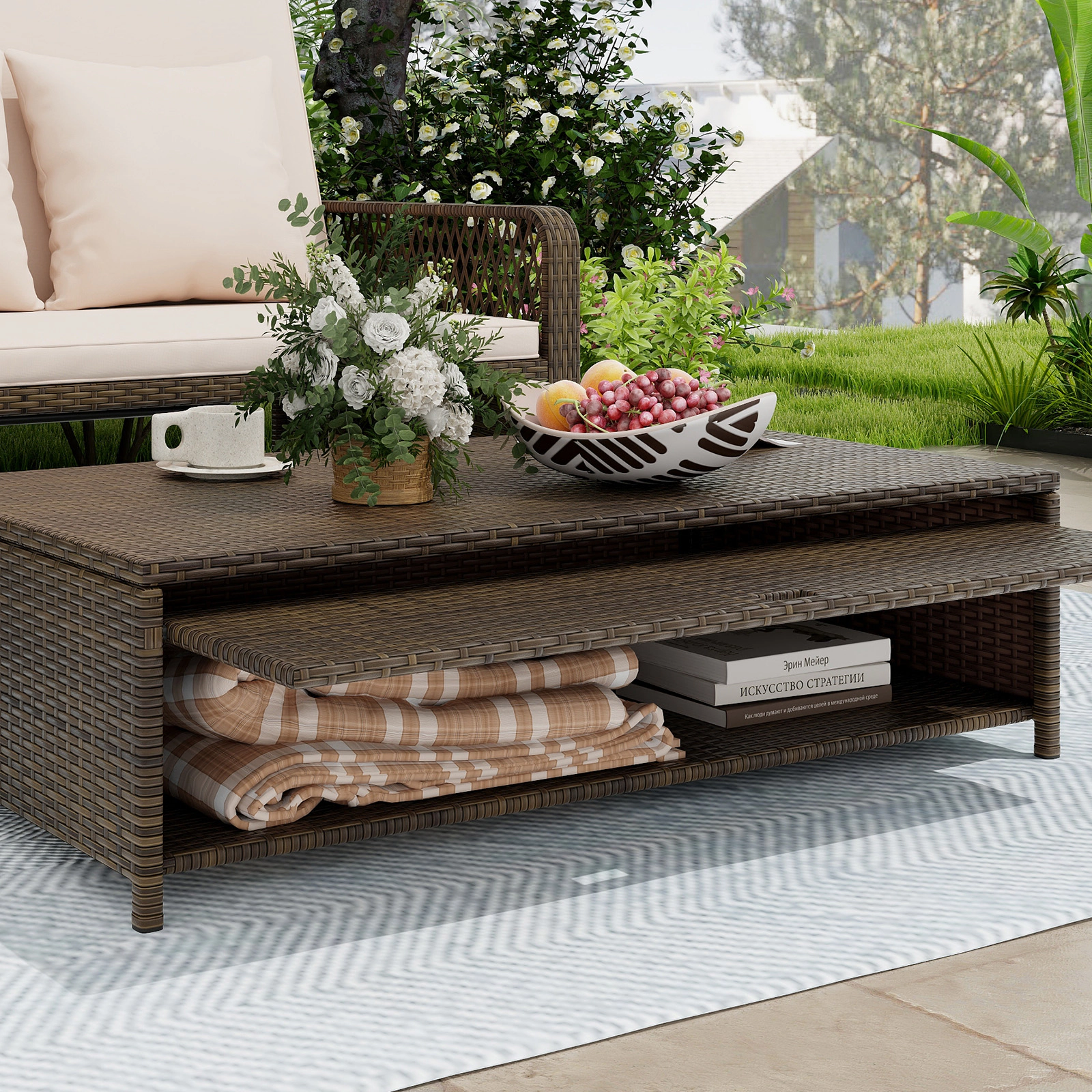 SUGIFT Beige 4-Level Backrest and Storage Ottoman Patio Adjustable Wicker Daybed