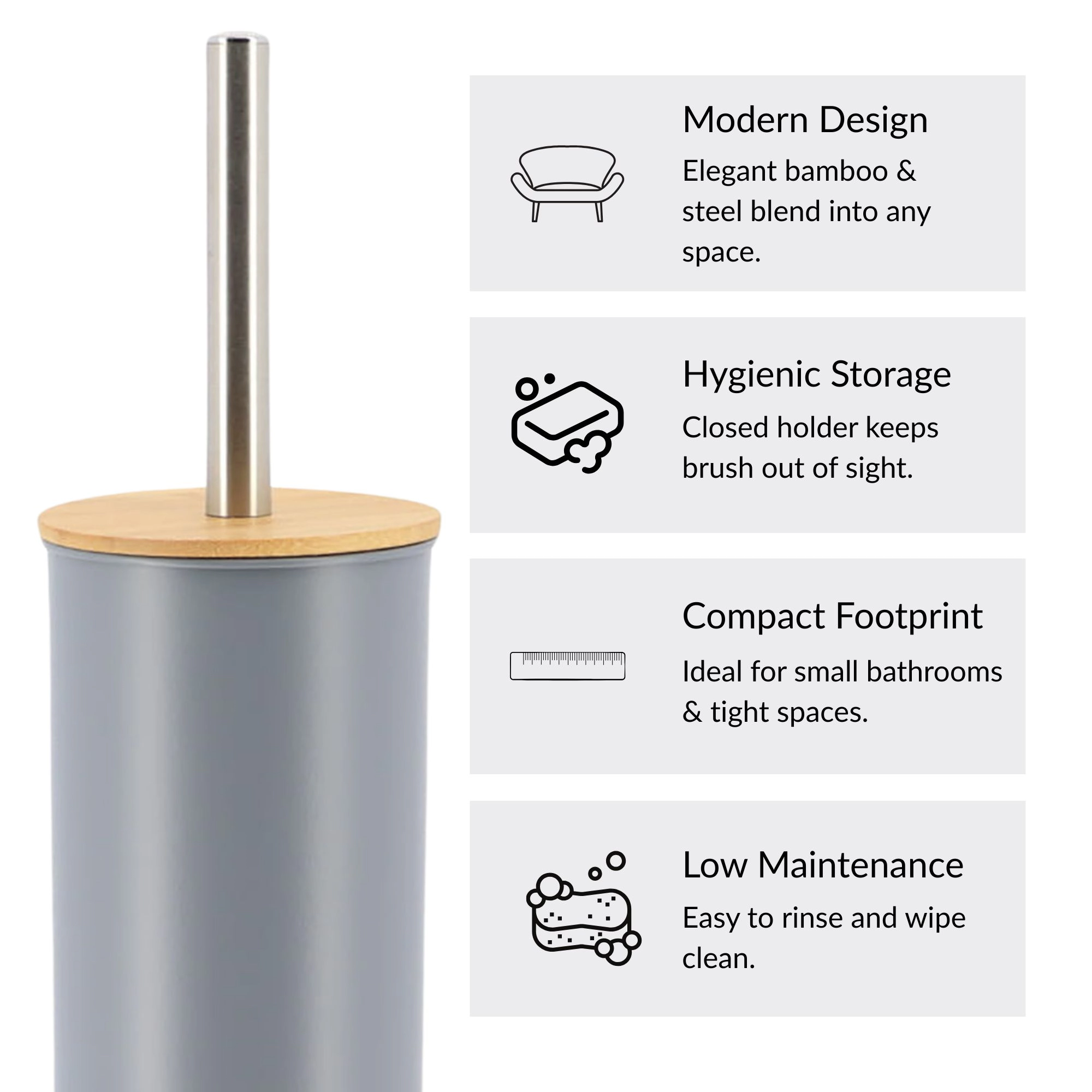 Evideco Toilet Brush with Bamboo Lid, Slim Powder-Coated Steel