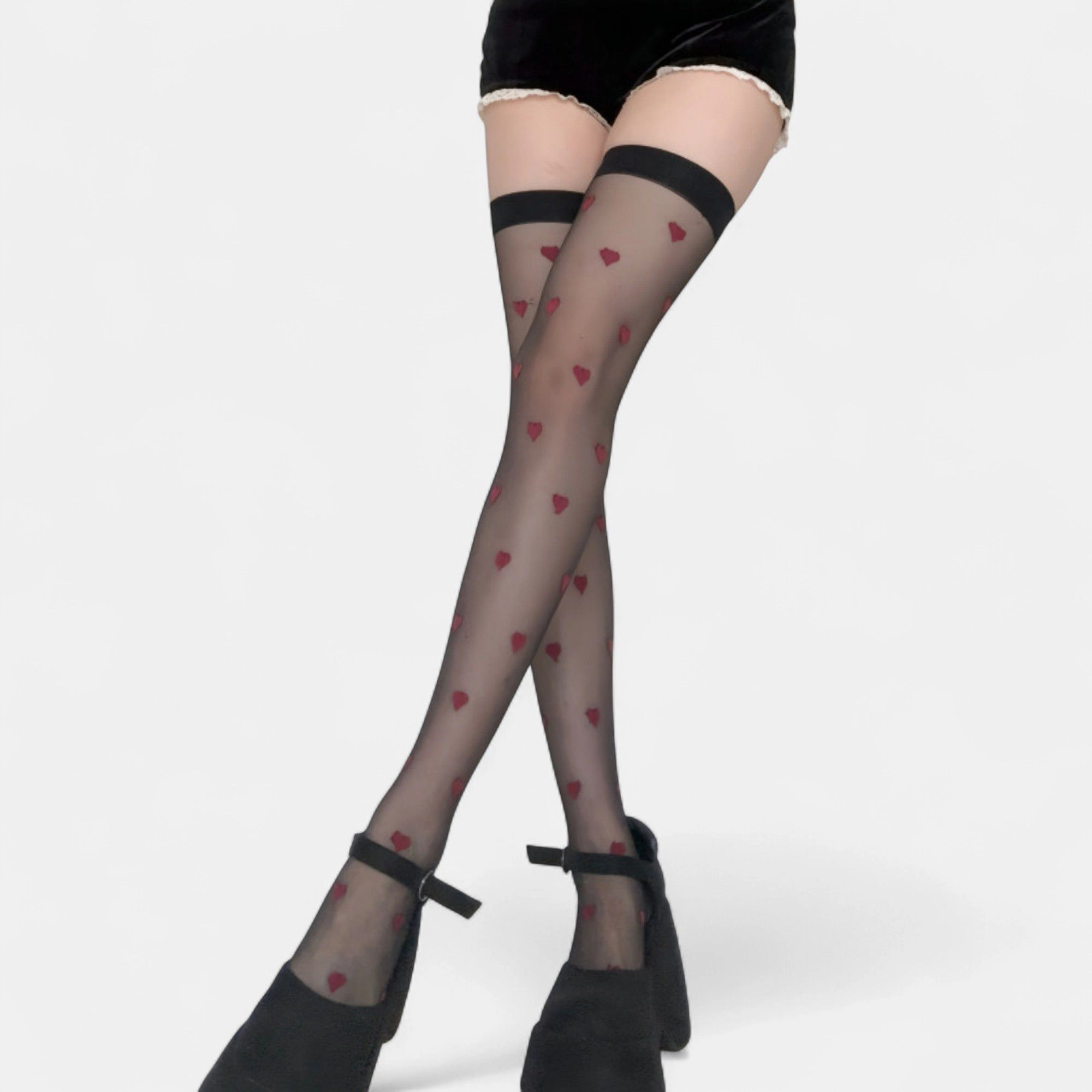 Anna-Kaci Women's Sheer Heart Pattern Mesh Over-the-Knee Stockings