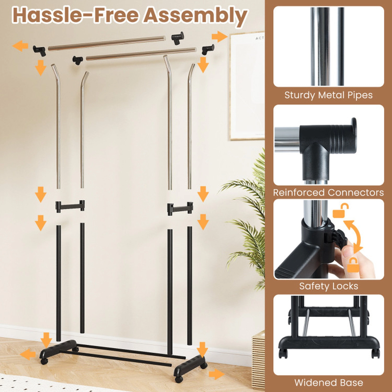 SUGIFT 42 to 69-in Adjustable Height 33-lb Rod Capacity Black Rolling Double Rod Clothes Garment Rack