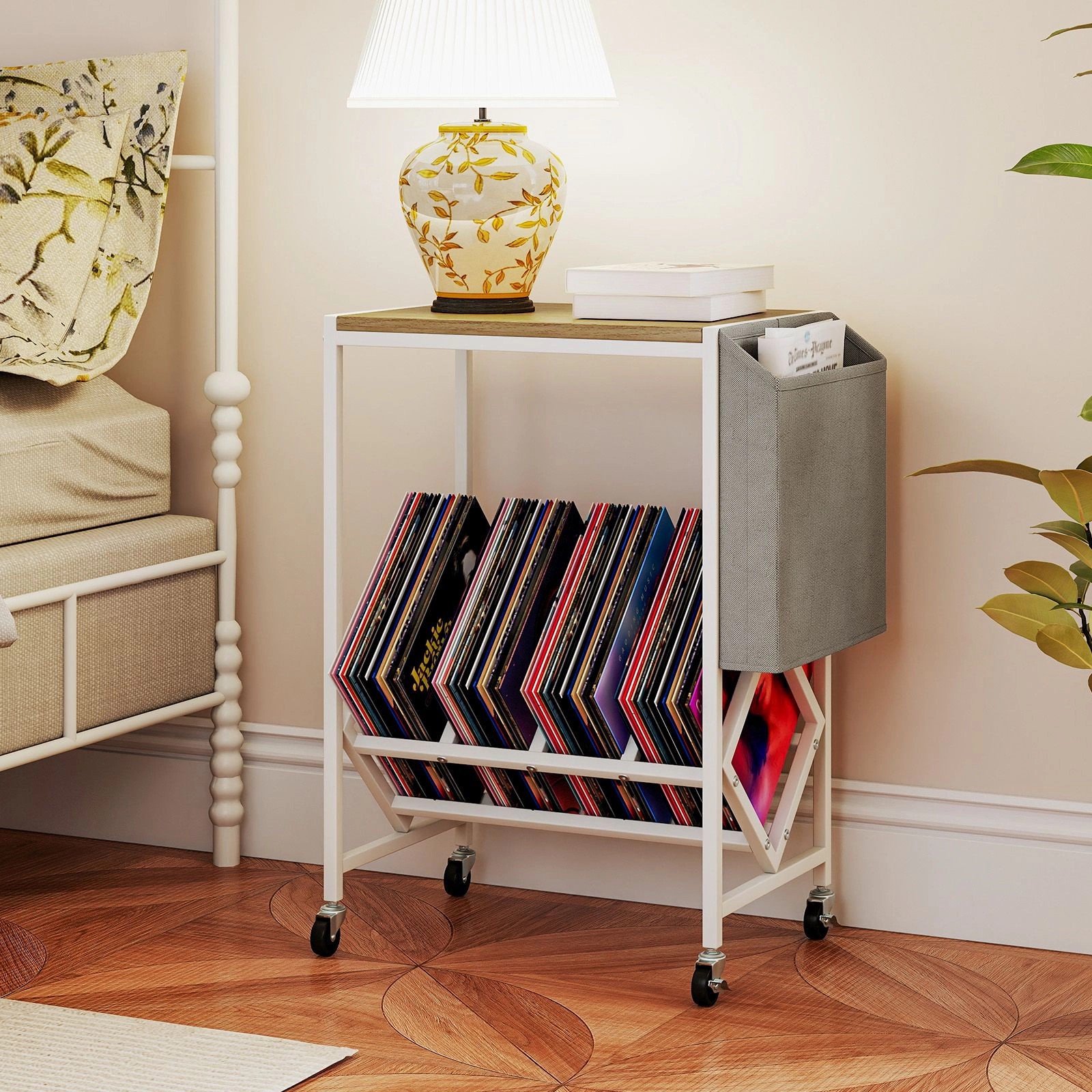 SlickBlue Vinyl Record Storage Stand with Rolling Wheels and Metal Frame