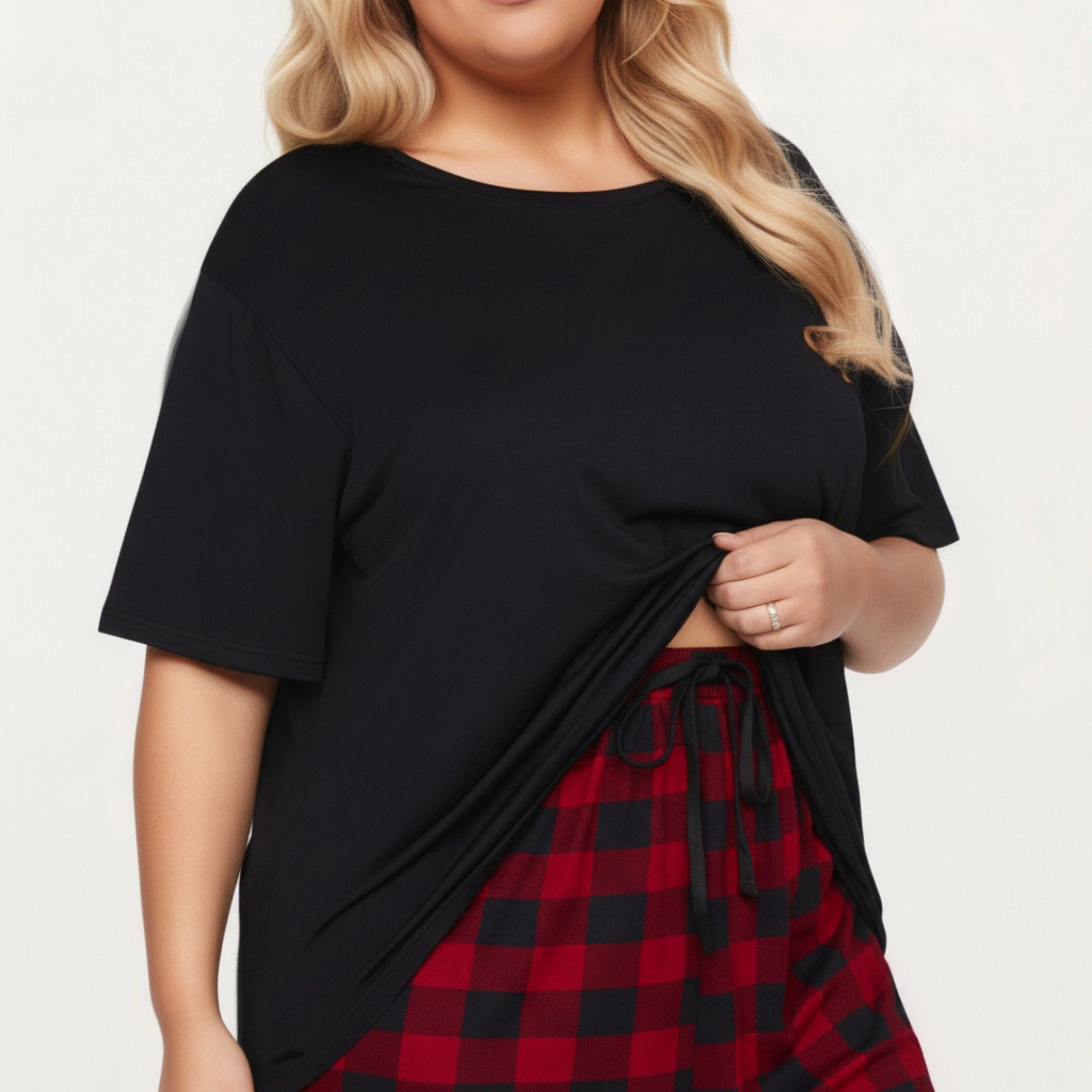Anna-Kaci Women's 2-Piece Short Sleeve Knit Top and Plaid Jogger Pajama Pants with Soft Stretch Fabric Tapered Fit