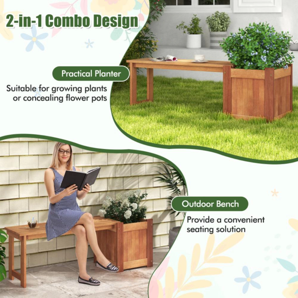 Hivvago Teak Oil Finish Raised Garden Bed Wood Planter Box with Bench