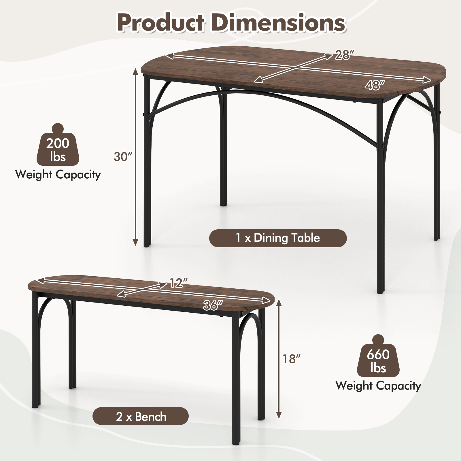 SUGIFT 3-Piece Dining Table Set with Metal Frame and Benches 200-lb Table 660-lb Benches Brown+Black