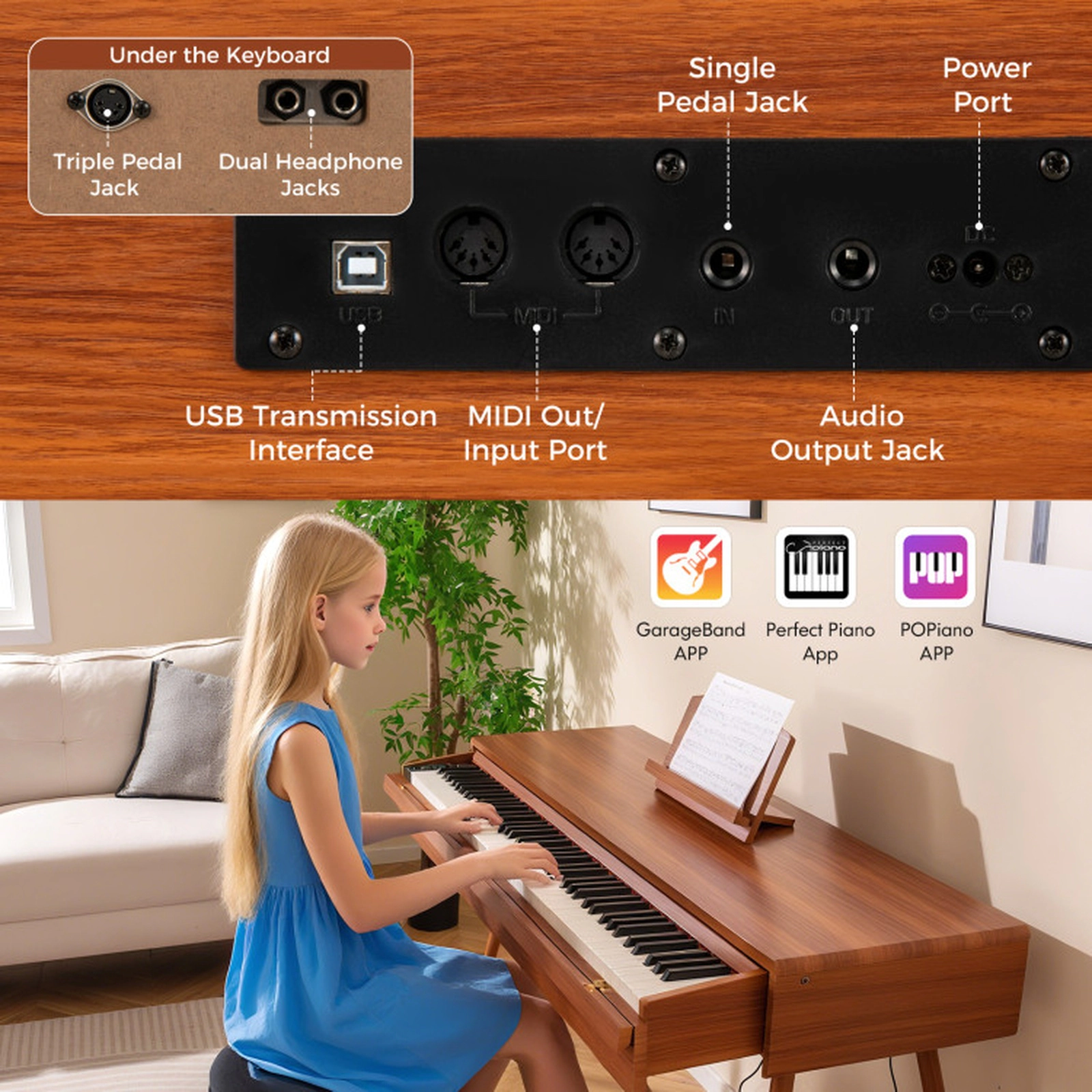 SUGIFT Brown 88-Key Graded Hammer Action Weighted Digital Piano with Push-Pull Drawer 56-in W 20-in D 32-in H