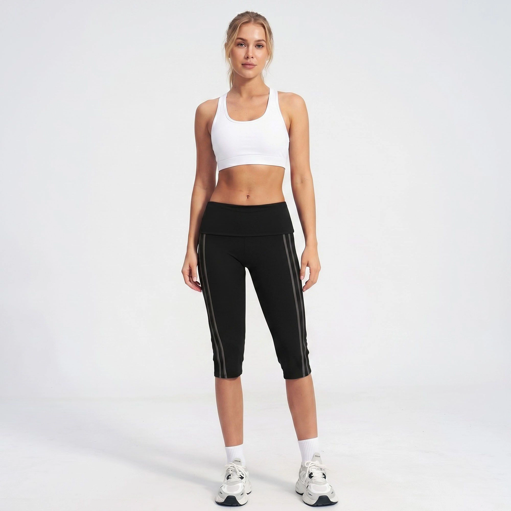 Anna-Kaci Women's High-Waist Side Stripe Capri Leggings Wide Waistband Cropped Workout Yoga Pants