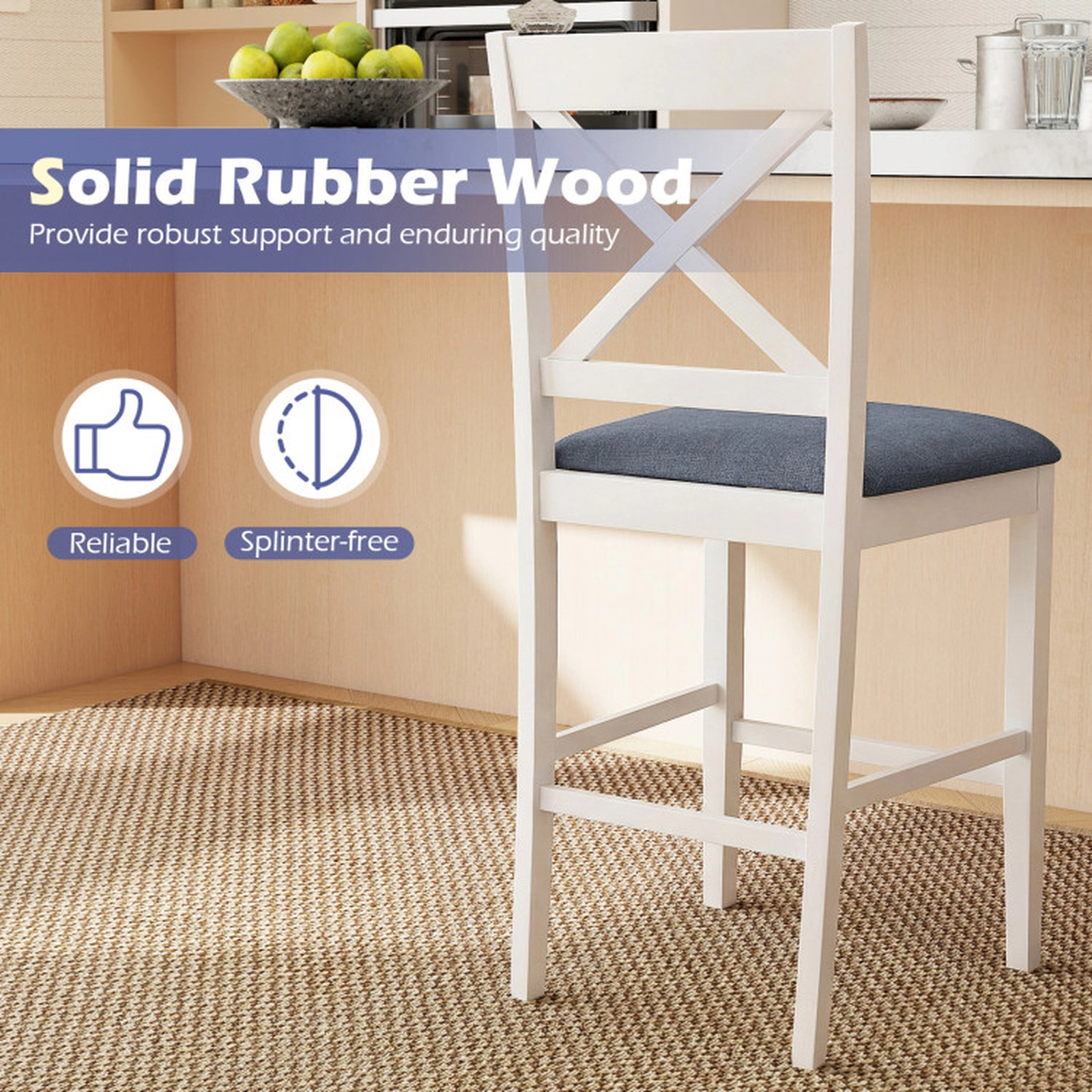 SUGIFT Gray Upholstered Cushioned Seat Set of 2 White X-Back Counter Height Bar Stools