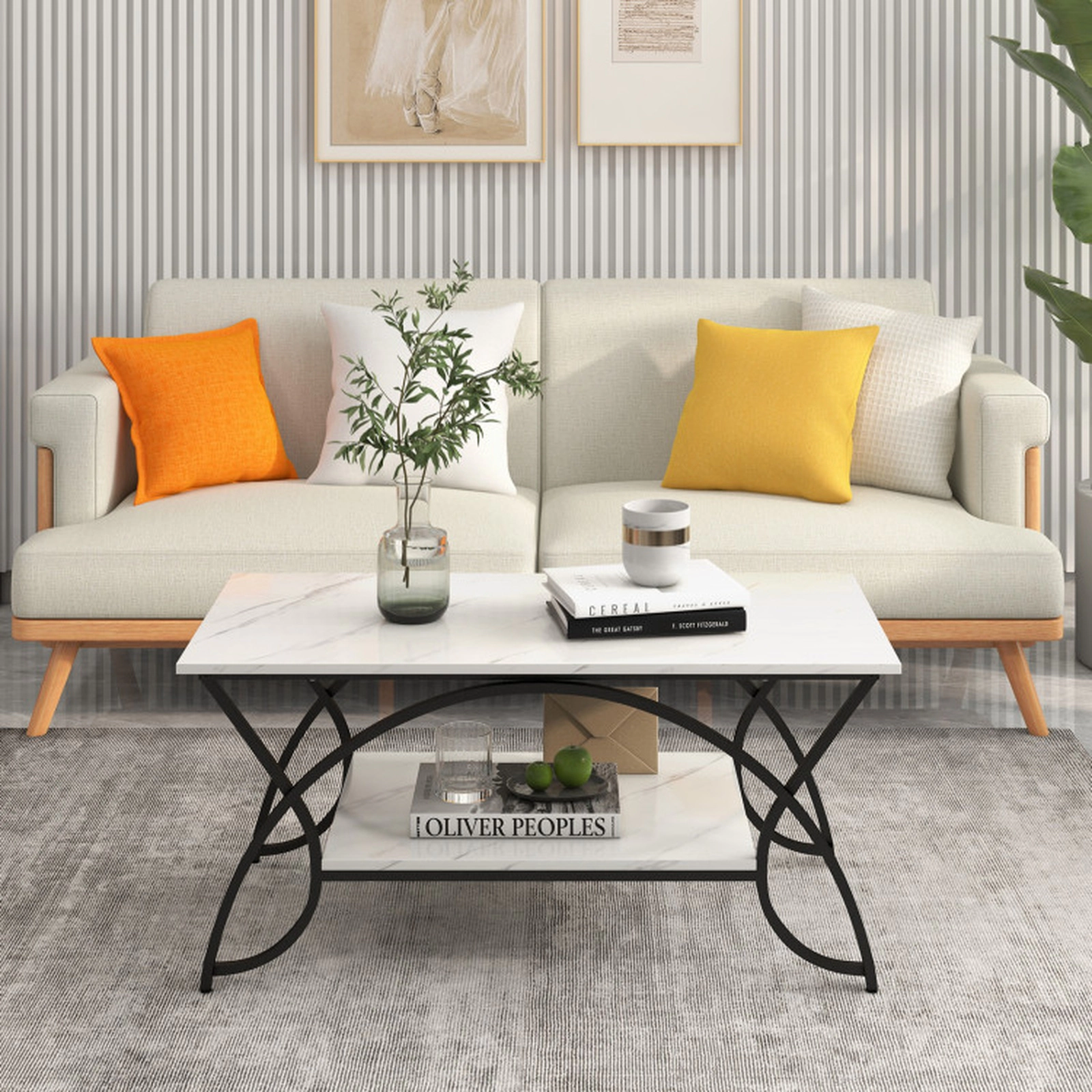 SUGIFT 39.5-in 110-lb Capacity 2-Tier Faux Marble Coffee Table with Arch Metal Frame and Bottom Shelf