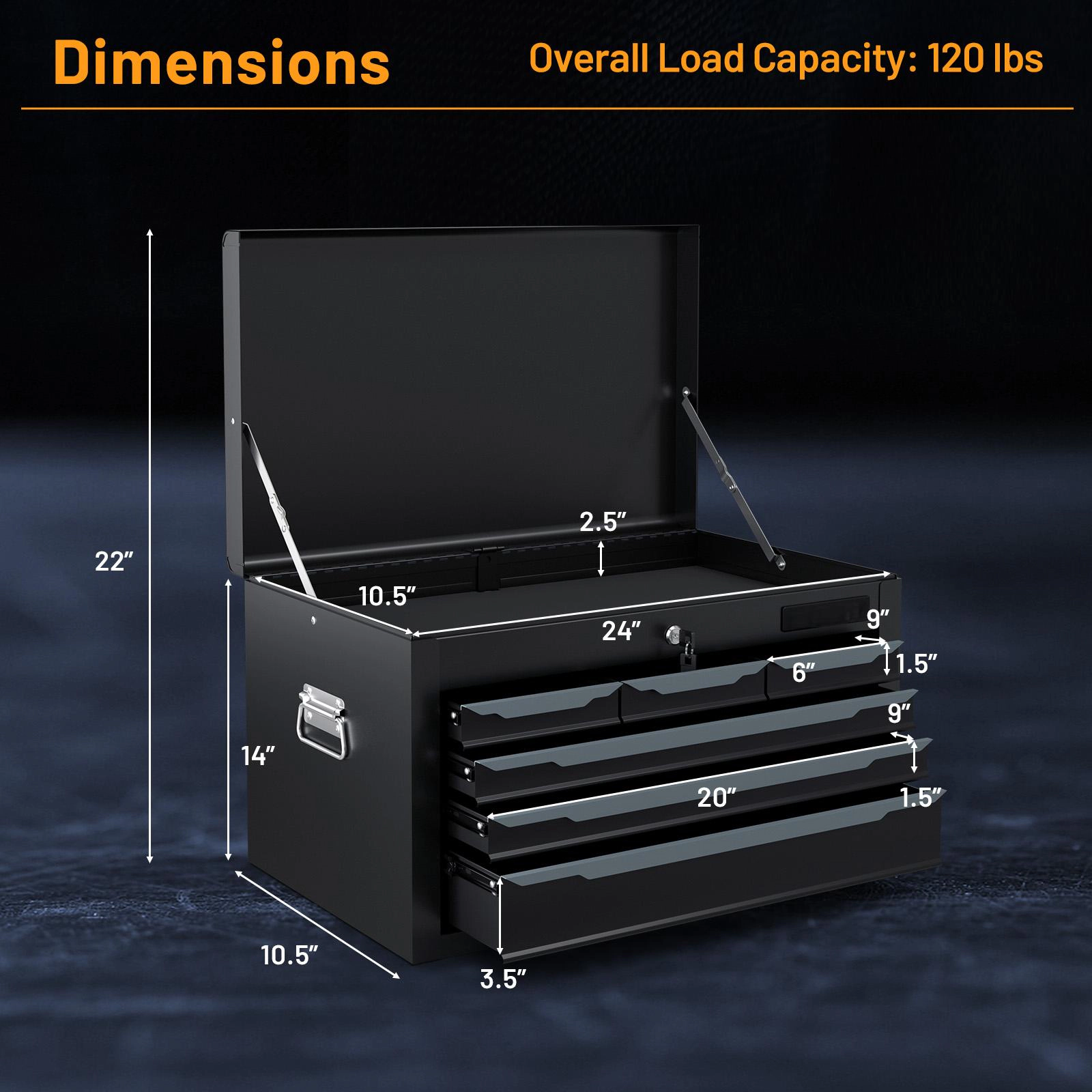 SUGIFT 6-Drawer Lockable Top Compartment Steel Tool Chest Case 24-in x 10.5-in x 14-in 120-lb Capacity Black