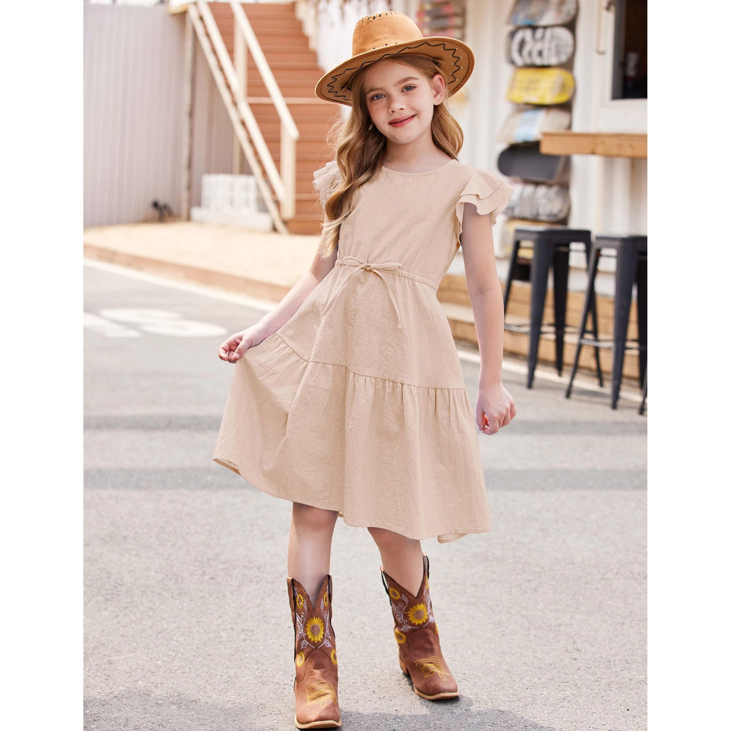 Arshiner Girls Cotton Linen Summer Dress Double Ruffle Sleeve Tie Sash