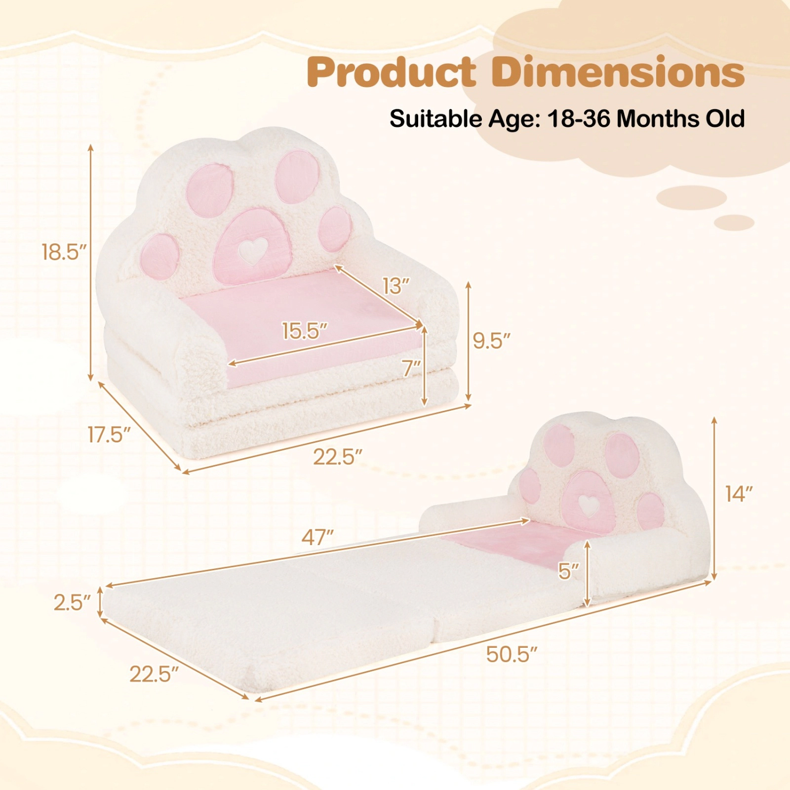 SUGIFT 2-in-1 Convertible Kids Sofa to Lounger Removable Cover Kids Lounge Chair Ages 18-36 Months 4.5-lb Pink + Beige